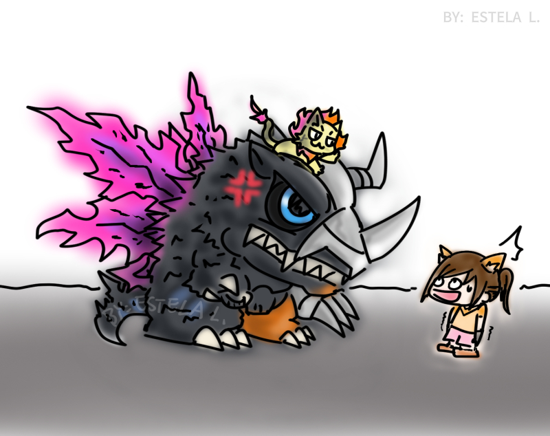 metalgreymon g erosion mode, digimon, angry, blue eyes, claws, cyborg, estela l., looking at another, sharp teeth, tail, teeth, wings