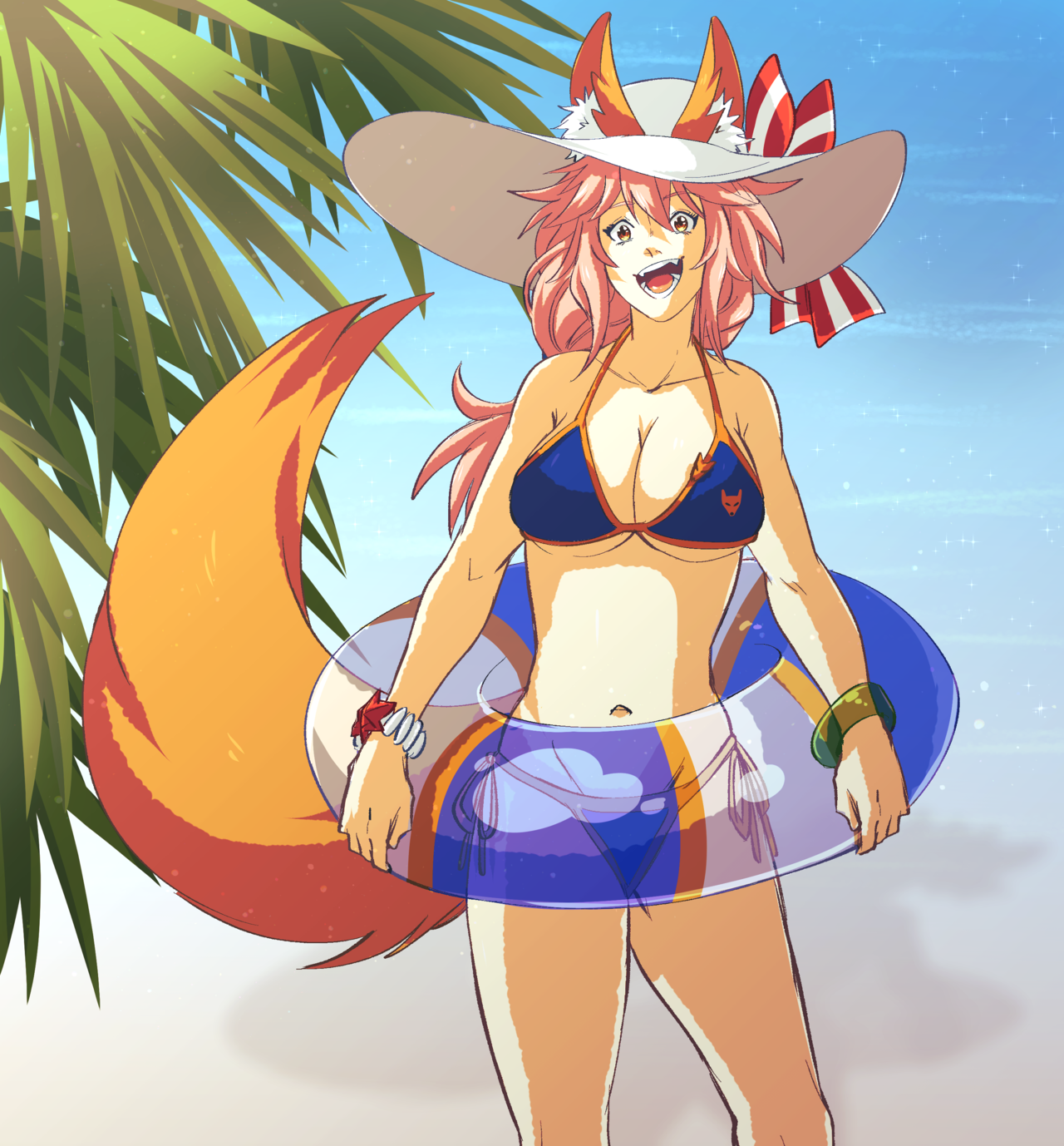 hiffuu, tamamo no mae (fate), fate/grand order, fate (series), tamamo (fate), highres, 1girl, animal ears, bikini, blue bikini, breasts, collarbone, cowboy shot, ears through headwear, fangs, foliage, fox ears, fox girl, fox tail, innertube, large breasts, navel, ocean, open mouth, orange eyes, outdoors, pink hair, swim ring, swimsuit, tail, wide brim