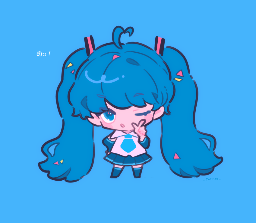 mawarusanso, hatsune miku, vocaloid, commentary request, translation request, 1girl, ahoge, blue background, blue necktie, chibi, chibi only, collared shirt, full body, index finger raised, long hair, necktie, one eye closed, open mouth, pleated skirt, shirt, simple background, skirt, solo, thighhighs, twintails, very long hair, white shirt