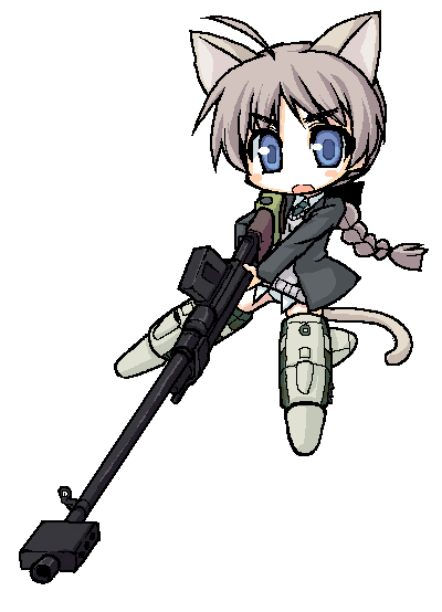 kou (garakuta teikoku), lynette bishop, strike witches, world witches series, silver hair, 00s, 1girl, aiming, animal ears, blue eyes, braid, cat ears, cat tail, chibi, female focus, gun, holding, holding weapon, long hair, long sleeves, looking at viewer, oekaki, rifle, simple background, single braid, sniper rifle, solo, tail, weapon, white background