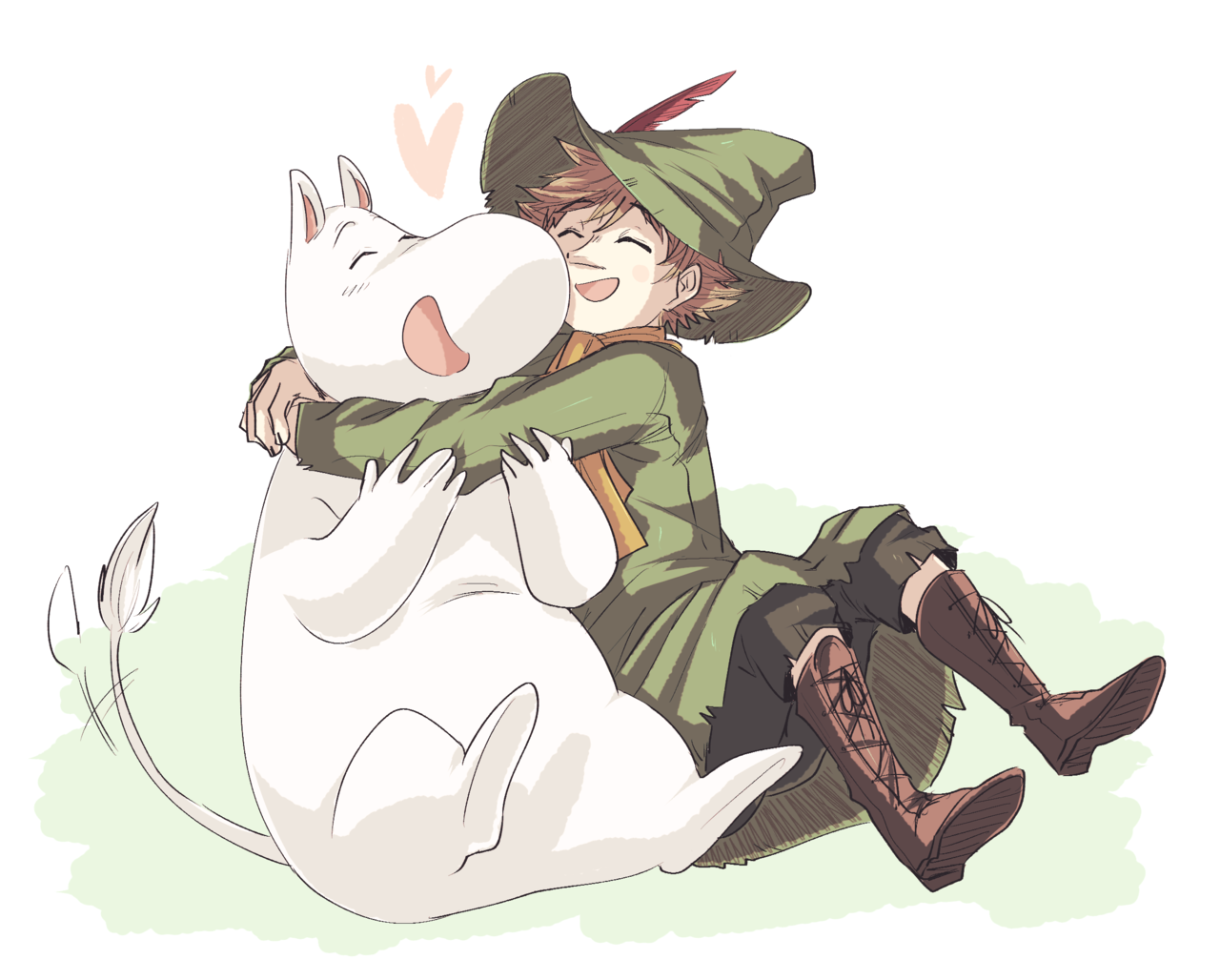 hiffuu, moomintroll, snufkin, moomin, 2boys, brown hair, coat, colored skin, green coat, green hat, hat, heart, hug, multiple boys, open mouth, pointy nose, short hair, smile, white skin
