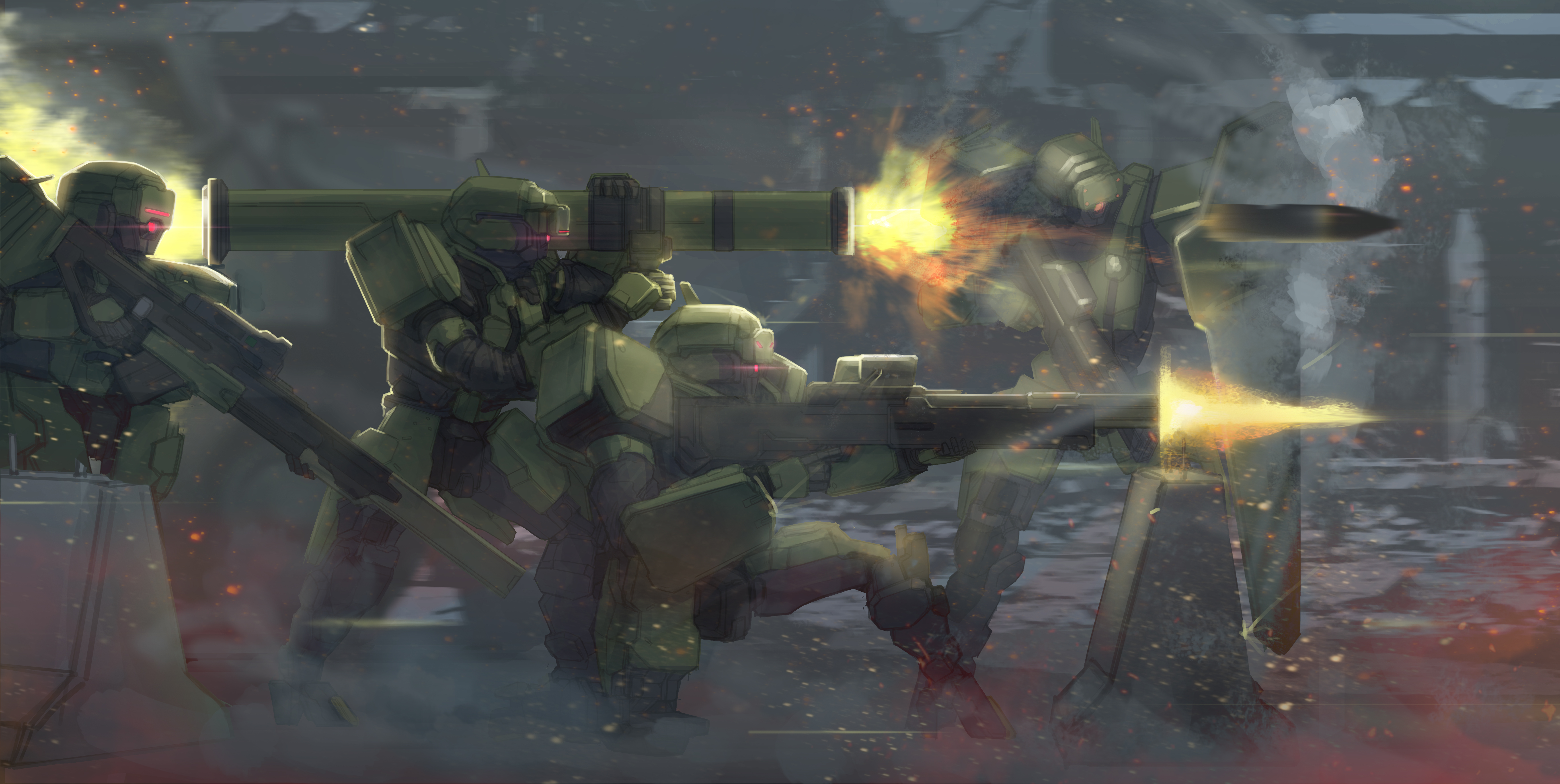 pure boy, cyclops (girls' frontline), girls' frontline, absurdres, highres, 4others, firing, glowing, glowing eye, military, multiple others, no humans, robot, rocket launcher, smoke, sparks, weapon