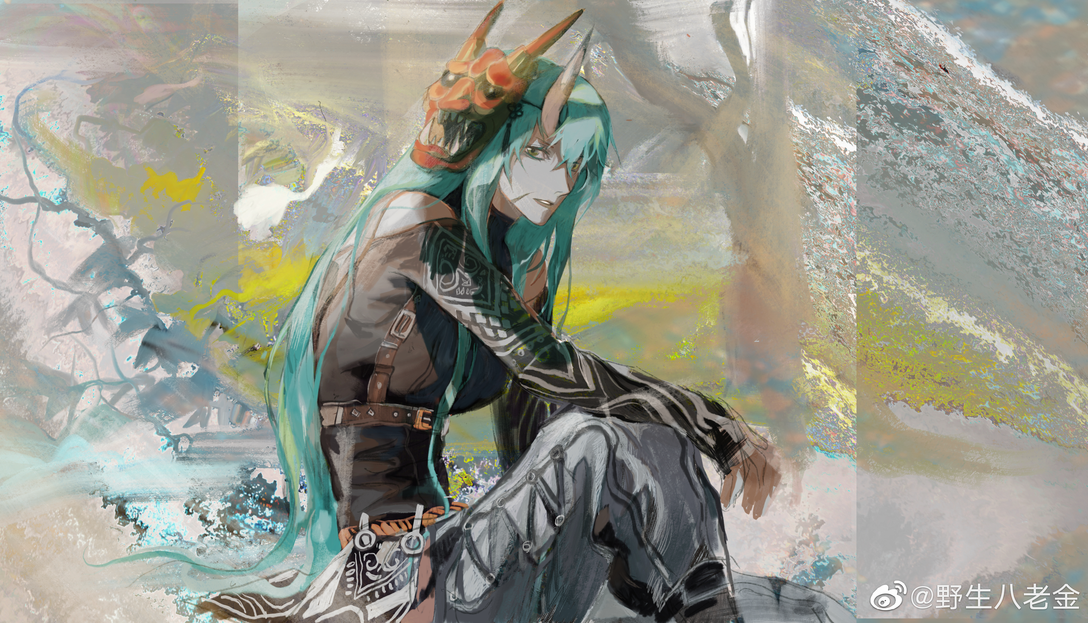 guaili bajin, hoshiguma (arknights), arknights, absurdres, highres, 1girl, black shirt, grey background, grey pants, horns, long hair, looking at viewer, mask, mask on head, pants, parted lips, shirt, single horn, sitting, skin-covered horns, solo, very long hair