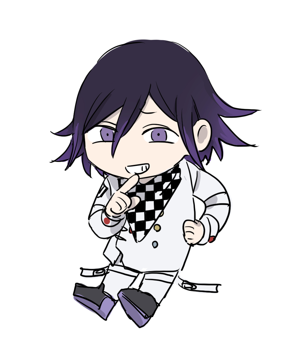krmtknkoo1582, oma kokichi, danganronpa (series), danganronpa v3: killing harmony, commentary request, 1boy, arm belt, belt, belt buckle, black scarf, black shoes, buckle, buttons, checkered clothes, checkered scarf, chibi, double-breasted, finger to mouth, grin, hair between eyes, hand on own hip, jacket, looking at viewer, male focus, multiple belts, pants, purple eyes, purple hair, raised inner eyebrows, scarf, shoes, short hair, simple background, smile, smug, solo, standing, thigh belt, thigh strap, two-tone scarf, white background, white belt, white jacket, white pants, white scarf, wrist belt