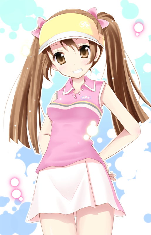 komone ushio, minase iori, idolmaster, idolmaster (classic), idolmaster 1, visor, bad id, bad pixiv id, 00s, 1girl, bare shoulders, bow, brown eyes, brown hair, female focus, grin, hair bow, hand on own hip, long hair, shirt, skirt, sleeveless, sleeveless shirt, smile, solo, sportswear, tennis uniform, twintails, ukomone, visor cap