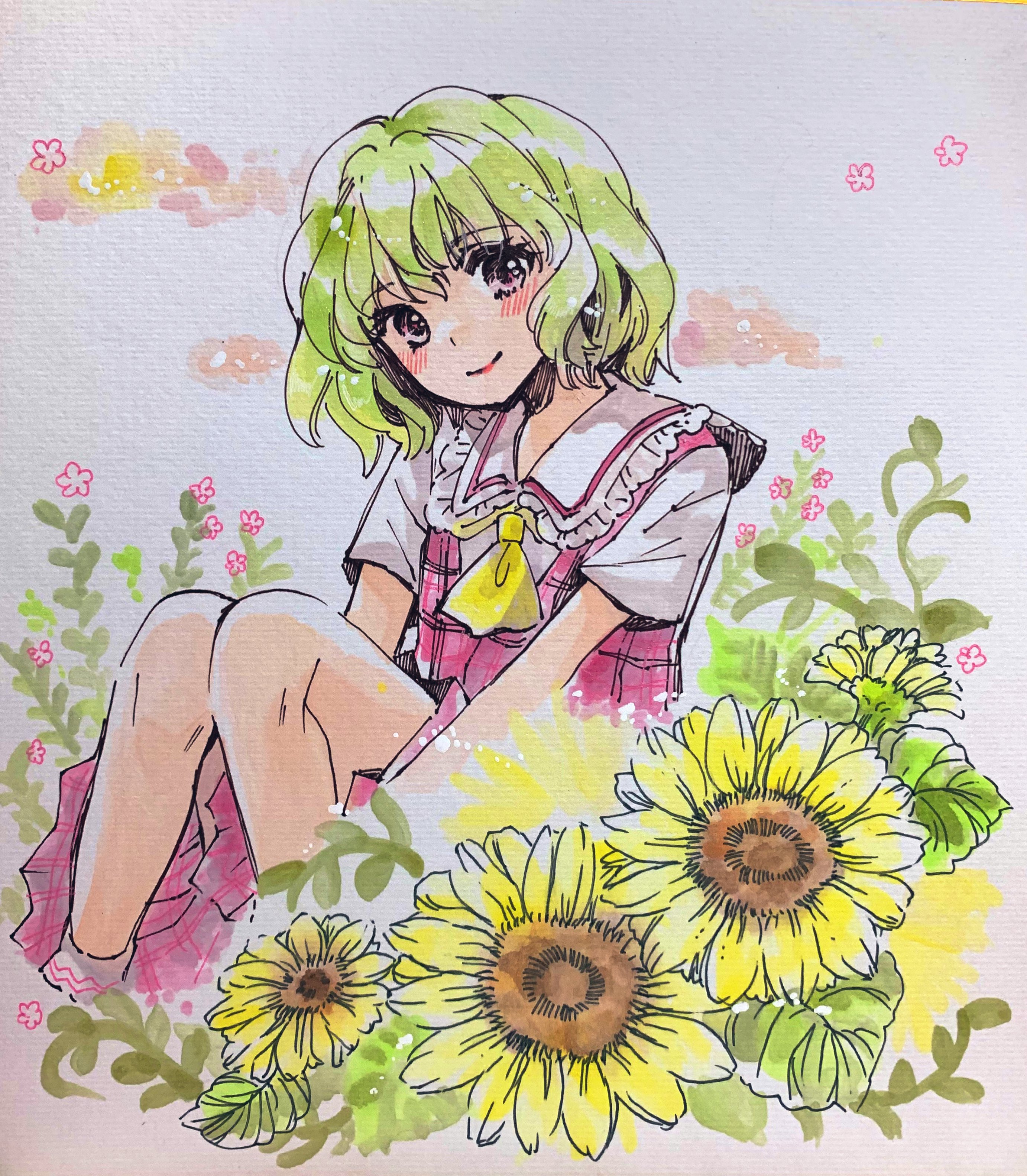 iori (akaringo), kazami yuuka, touhou, absurdres, highres, 1girl, ascot, field, flower, flower field, leaf, light smile, looking at viewer, medium hair, sitting, solo, sunflower, yellow ascot, yellow flower