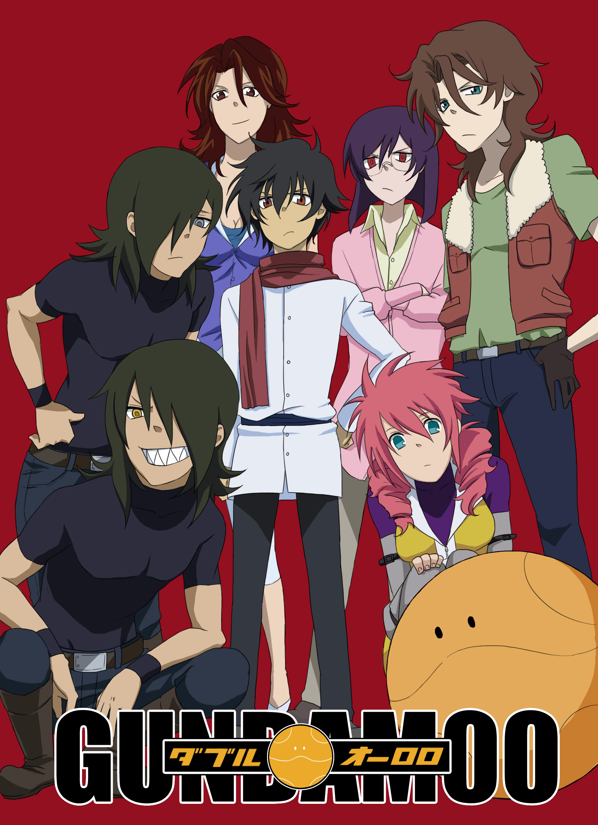 sawa2, allelujah haptism, feldt grace, hallelujah haptism, haro, lockon stratos, setsuna f. seiei, sumeragi lee noriega, tieria erde, gundam, gundam 00, soul eater, absurdres, highres, 2girls, 5boys, multiple boys, multiple girls, parody