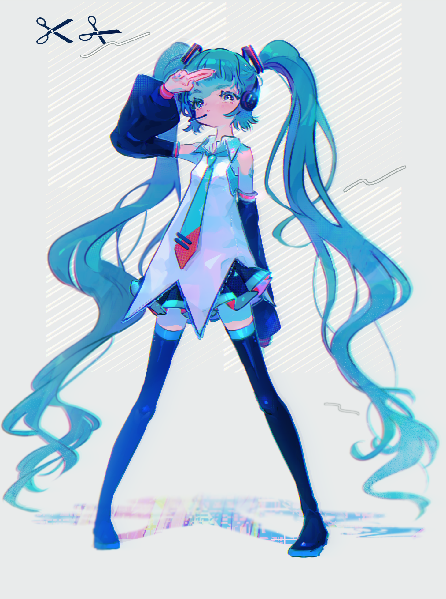mawarusanso, hatsune miku, vocaloid, commentary request, highres, 1girl, arm at side, arm up, blue eyes, blunt bangs, boots, detached sleeves, grey background, long hair, necktie, reflective floor, scissors, skirt, solo, standing, thigh boots, twintails, very long hair