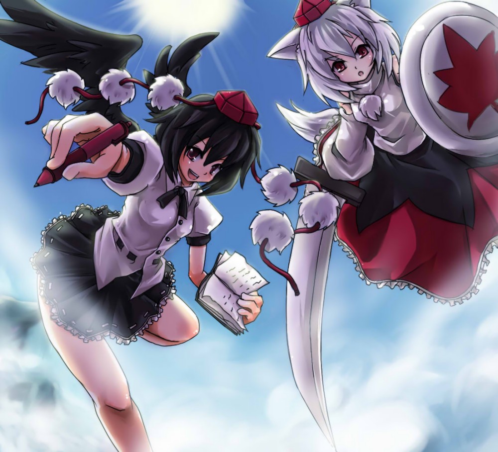 sw (pixiv), sw (stevew), inubashiri momiji, shameimaru aya, touhou, 2girls, animal ears, black hair, black wings, female focus, flying, hat, multiple girls, notebook, pen, shield, short hair, sword, tail, weapon, white hair, wings, wolf ears, wolf tail