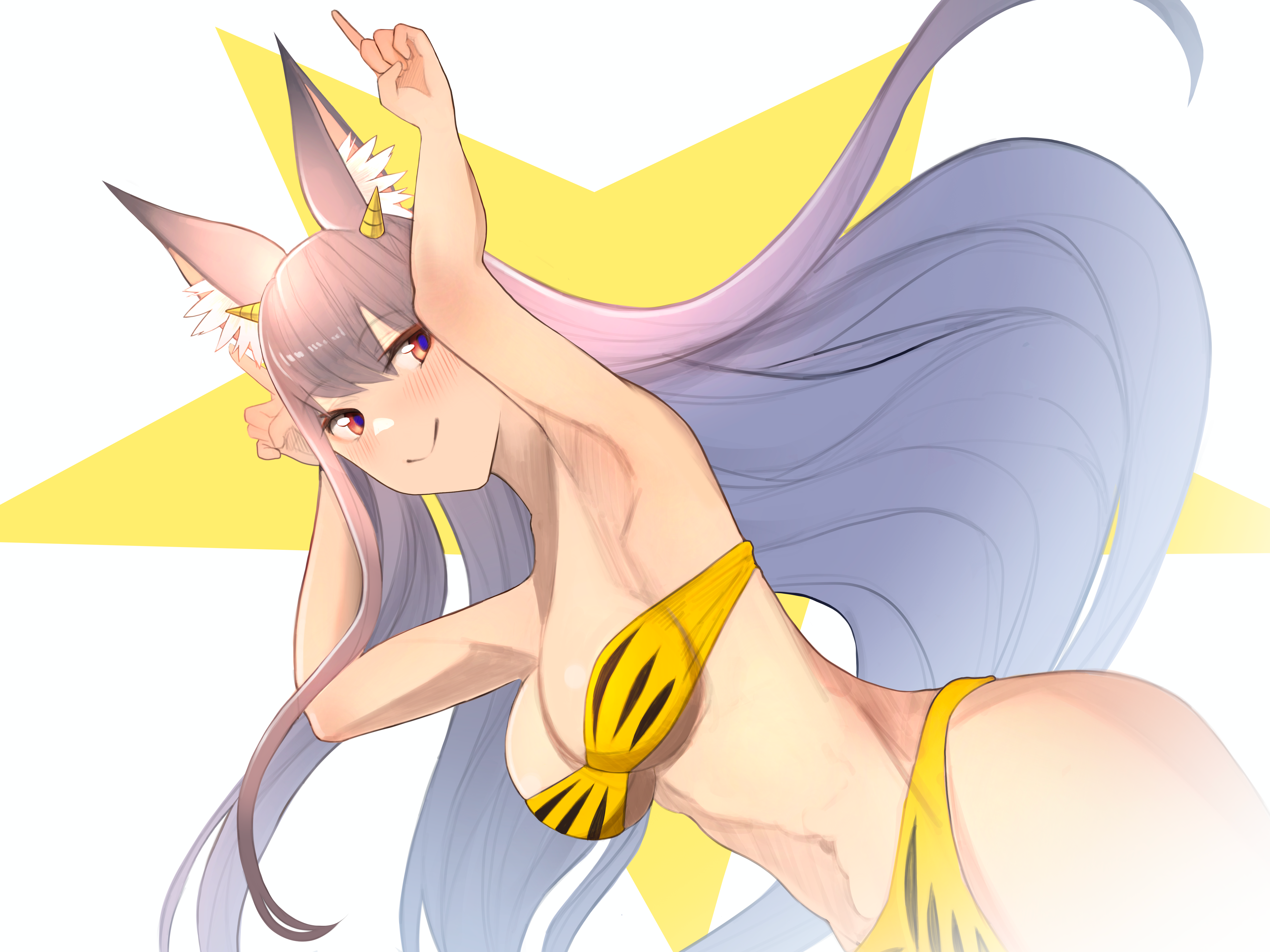 yuuhi (yuuvi83), kamishiro natsume, lum, indie virtual youtuber, urusei yatsura, absurdres, bad id, bad pixiv id, highres, 1girl, alternate costume, animal ear fluff, animal ears, animal print, armpits, bandeau, bikini, blue pupils, blush, breasts, closed mouth, cosplay, cowboy shot, dutch angle, eyelashes, floating hair, fox ears, fox girl, grey hair, hair between eyes, horns, large breasts, long hair, looking at viewer, lum (cosplay), navel, red eyes, smile, solo, star (symbol), star symbol background, stomach, straight hair, strapless, strapless bikini, swimsuit, tiger print, two-tone background, virtual youtuber, white background, yellow background, yellow bikini