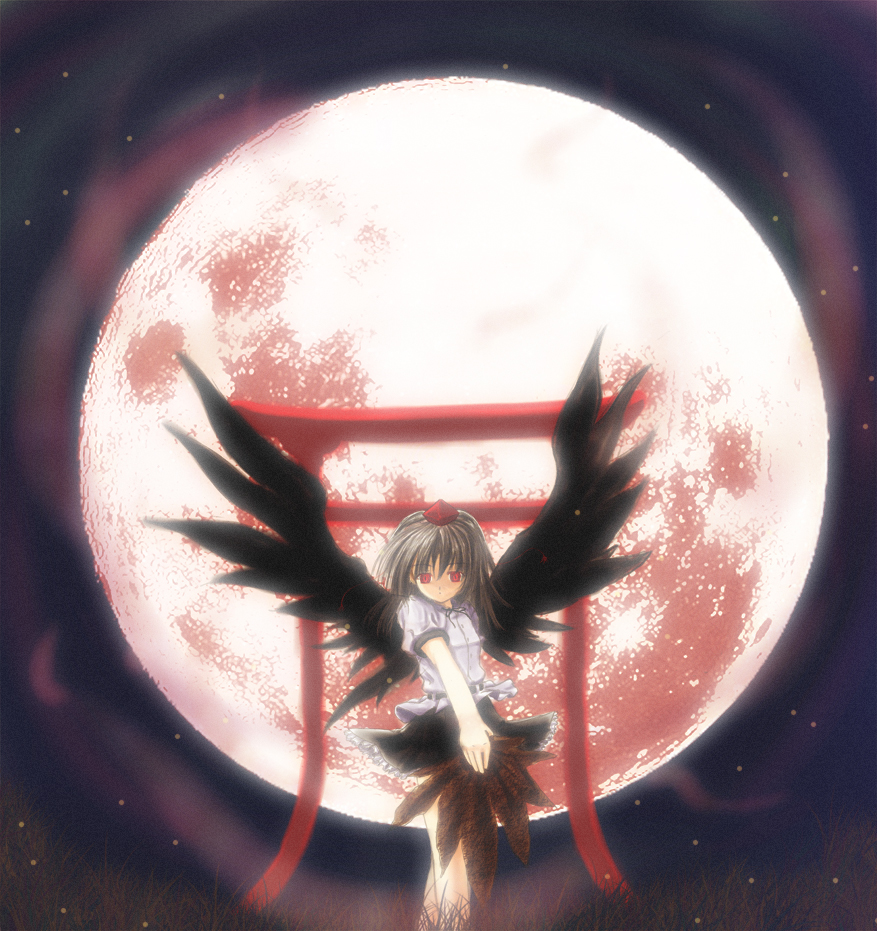 haon, shameimaru aya, touhou, 1girl, black hair, black wings, female focus, gradient background, moon, outdoors, skirt, sky, solo, torii, wings