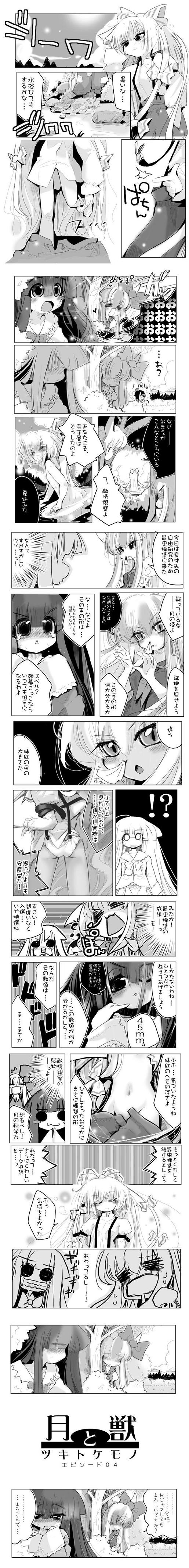 usoneko, ex-keine, fujiwara no mokou, houraisan kaguya, kamishirasawa keine, shameimaru aya, touhou, absurdres, highres, long image, tall image, translation request, comic, female focus, greyscale, monochrome