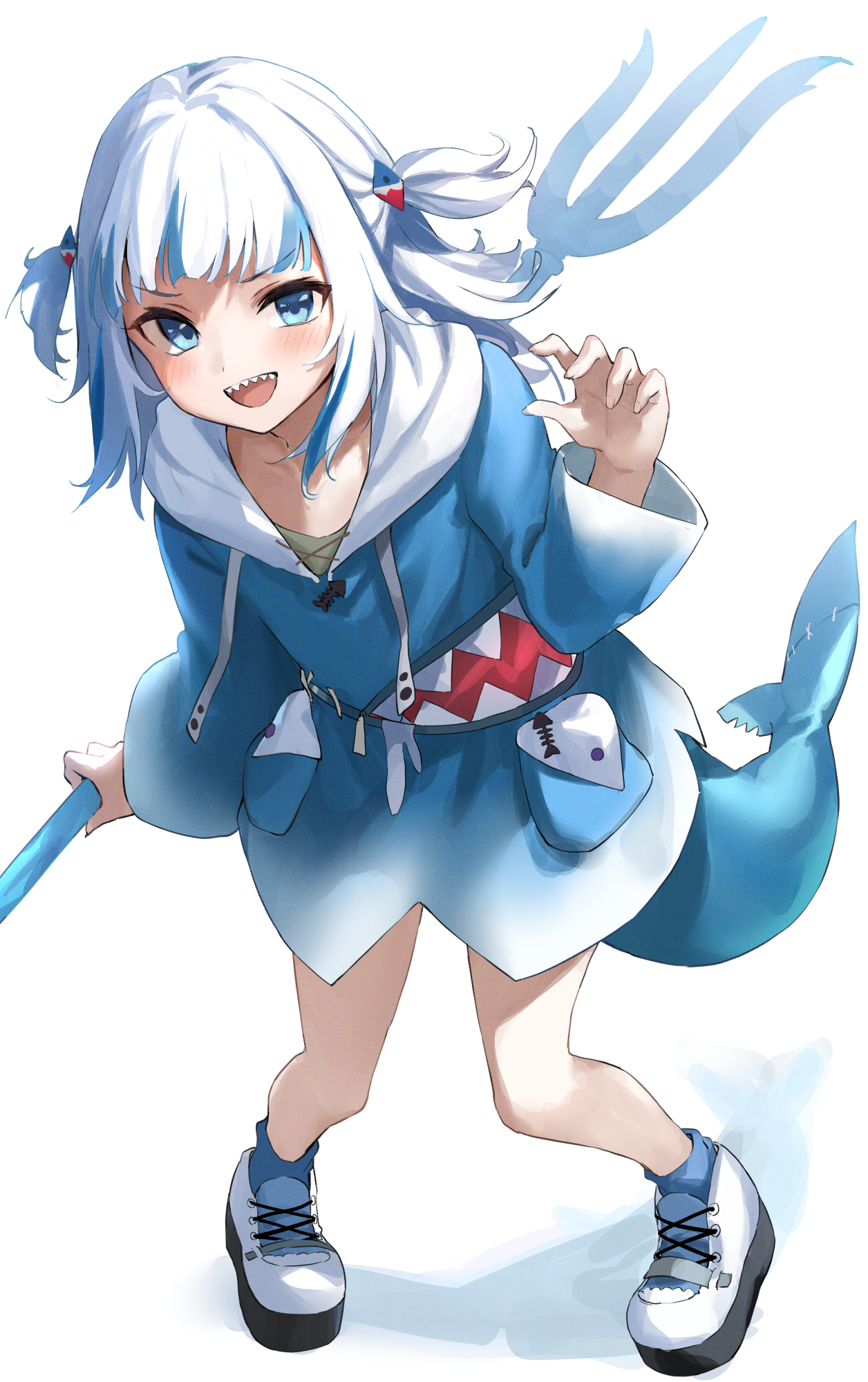 kakutasu, gawr gura, gawr gura (1st costume), hololive, hololive english, highres, 1girl, :d, bare legs, blue eyes, blue hair, blue hoodie, blue socks, blunt bangs, claw pose, fins, fish tail, holding, holding polearm, holding weapon, hood, hoodie, long sleeves, looking at viewer, medium hair, multicolored hair, open mouth, pigeon-toed, polearm, shadow, shark tail, sharp teeth, shoes, smile, sneakers, socks, standing, streaked hair, tail, teeth, two side up, upper teeth only, v-shaped eyebrows, weapon, white hair, white shoes, wide sleeves