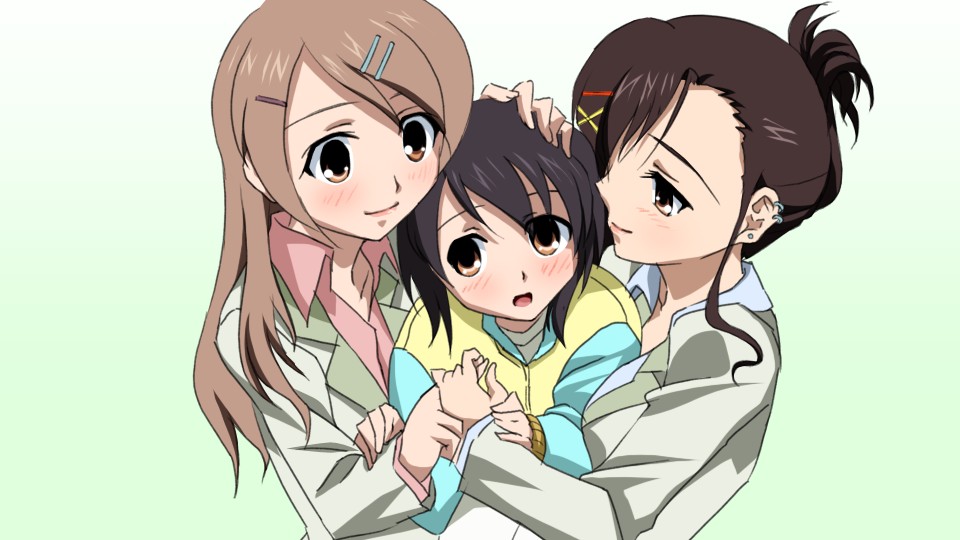 sanshita, sakurai kanade, sakurai shizuku, sakurai yukino, candy boy, 00s, 3girls, age difference, between breasts, black hair, blush, breasts, brown eyes, brown hair, headpat, hug, incest, jacket, long hair, multiple girls, onee-loli, siblings, sisters, yuri