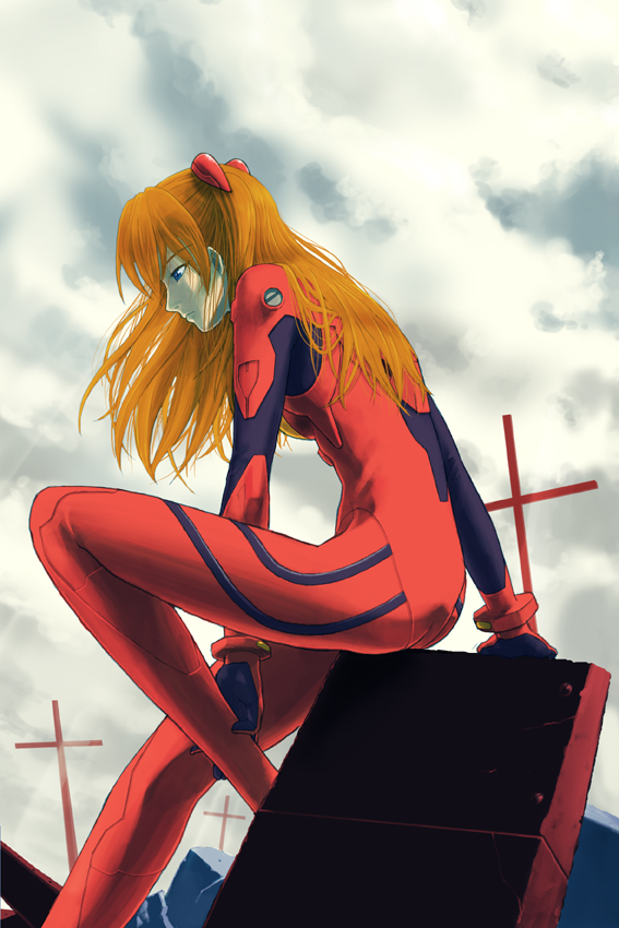 souryuu asuka langley, neon genesis evangelion, 1girl, blue eyes, bodysuit, bracer, breasts, cloud, cloudy sky, cross, day, female focus, from side, frown, gloves, hair ornament, hair over shoulder, half-closed eyes, knee up, leaning forward, light rays, long hair, looking down, mecha pilot suit, orange hair, outdoors, plugsuit (evangelion), profile, red hair, ruins, sitting, sky, small breasts, solo, sunbeam, sunlight