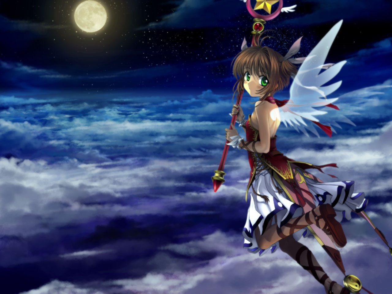 mutsuki (moonknives), kinomoto sakura, cardcaptor sakura, kodansha, 1990s (style), 1girl, blush, brown hair, child, female focus, green eyes, hoshi no tsue, magical girl, moon, retro artstyle, ribbon, sky, solo, staff, wings