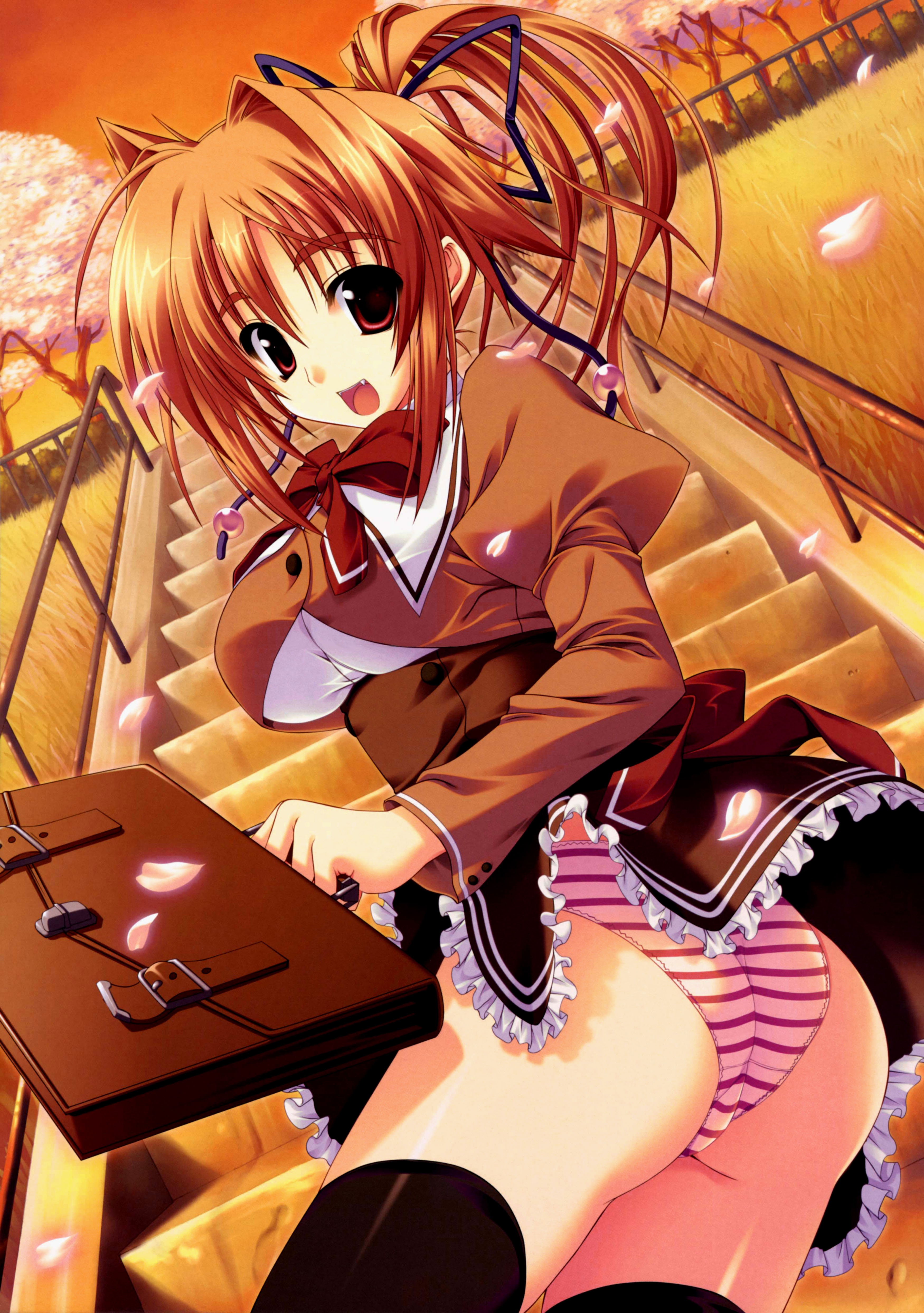 ruton-niki, kiryuu tsukasa (akane-iro ni somaru saka), akane-iro ni somaru saka, absurdres, highres, 1girl, ass, black thighhighs, bow, brown hair, clothes lift, dress, fang, female focus, hair ribbon, high-waist skirt, panties, pantyshot, petals, ponytail, red eyes, ribbon, school uniform, serafuku, short hair, skirt, skirt lift, socks, solo, striped clothes, striped panties, thighhighs, underwear, wind, wind lift