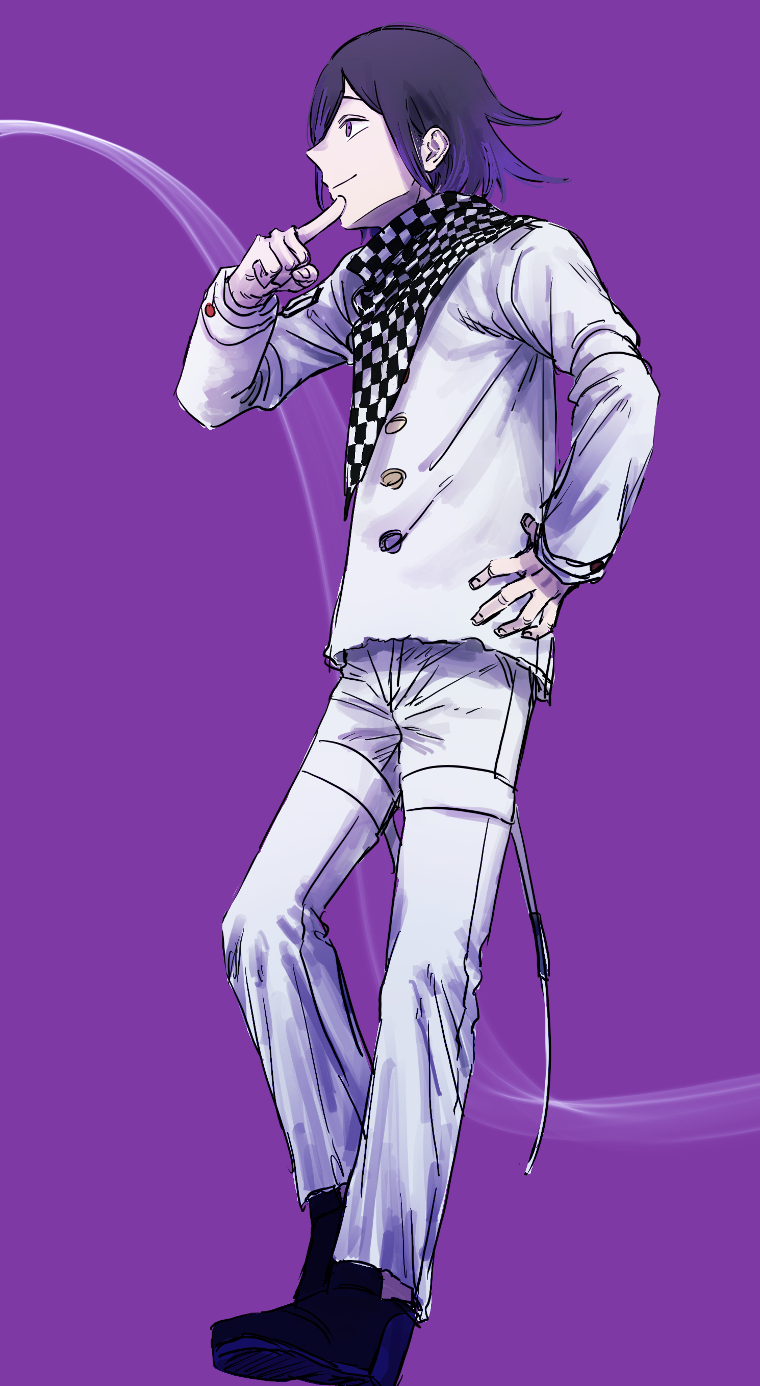 krmtknkoo1582, oma kokichi, danganronpa (series), danganronpa v3: killing harmony, absurdres, commentary request, highres, 1boy, arm belt, belt, belt buckle, black scarf, black shoes, buckle, buttons, checkered clothes, checkered scarf, closed mouth, double-breasted, dress pants, dress shoes, finger to own chin, fingernails, from side, full body, hand on own hip, jacket, layered sleeves, long sleeves, looking ahead, male focus, multicolored buttons, multiple belts, open belt, pants, pointy nose, purple background, purple eyes, purple hair, scarf, shoes, short hair, smile, smug, solo, standing, thigh belt, thigh strap, torn clothes, torn jacket, two-tone scarf, white belt, white jacket, white pants, white scarf, wrist belt