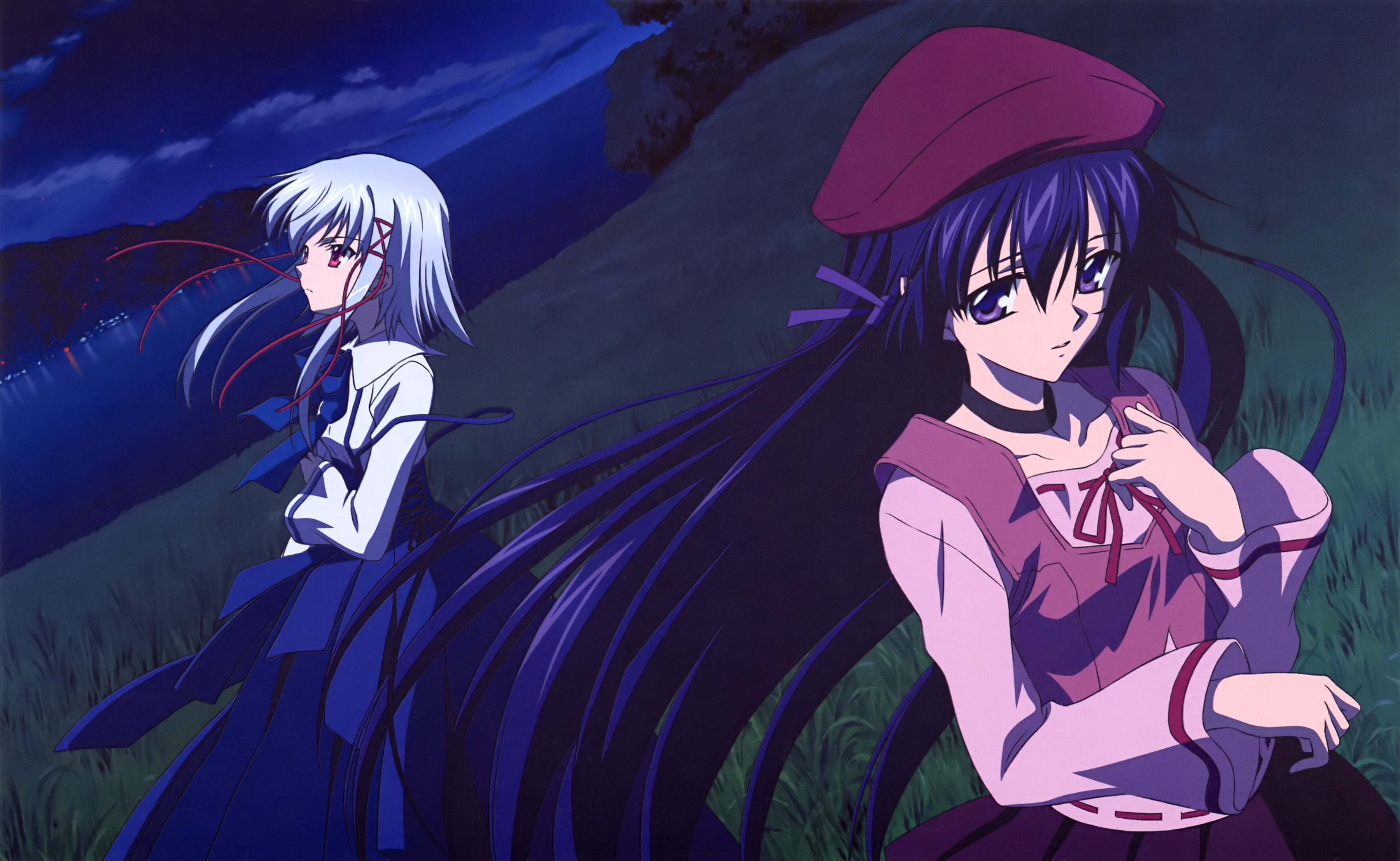 koga makoto, morimiya aono, shihou matsuri, sola, silver hair, absurdres, highres, scan, 00s, cloud, hat, night, night sky, purple eyes, purple hair, red eyes, ribbon, sky