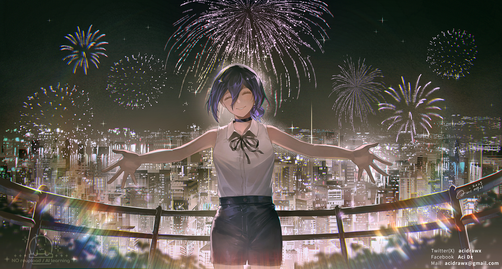 aci drawx, reze (chainsaw man), chainsaw man, commentary request, highres, 1girl, aerial fireworks, black choker, black shoes, blush, building, choker, city lights, cityscape, collared shirt, cowboy shot, dated, email address, facing viewer, fireworks, grin, hair between eyes, leather shorts, lens flare, night, night sky, outdoors, outstretched arms, outstretched hand, parted lips, purple hair, shirt, shirt tucked in, shoes, signature, sky, sleeveless, sleeveless shirt, smile, solo, spread arms, twitter username, white shirt, wing collar