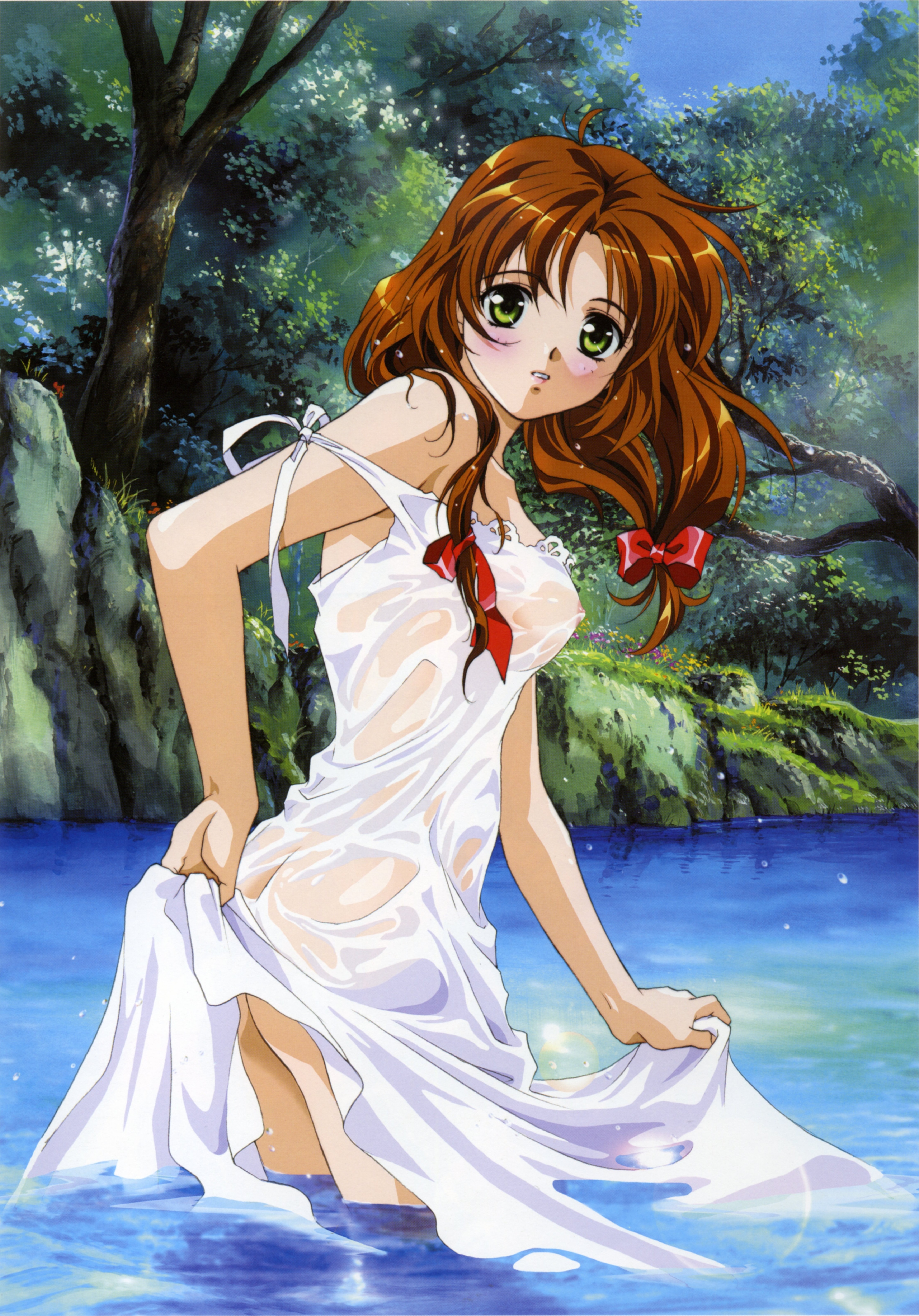 rin-sin, mew (words worth), words worth, absurdres, highres, scan, 1girl, ass, blush, breasts, brown hair, butt crack, clothes lift, covered erect nipples, day, dress, dress lift, female focus, forest, green eyes, hair ribbon, lake, large breasts, lifting own clothes, looking back, nature, nipples, no bra, no panties, ribbon, see-through clothes, skirt hold, solo, strap slip, sundress, wading, water, wet, wet clothes, white dress