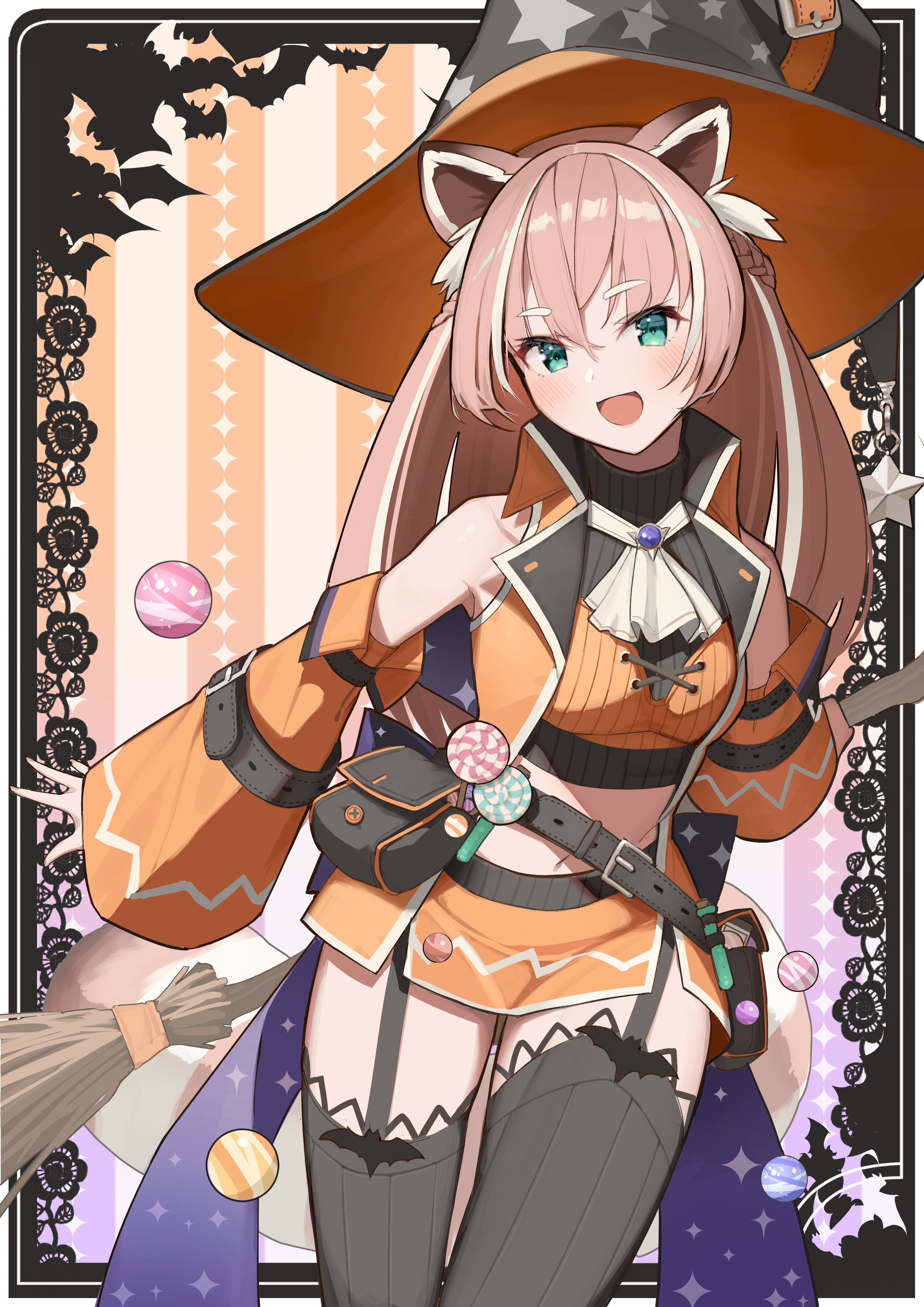 yohia, mia (fire emblem), mia (halloween) (fire emblem), yuria of ailurus, fire emblem, fire emblem heroes, indie virtual youtuber, nintendo, absurdres, commission, highres, second-party source, 1girl, alternate costume, animal ear fluff, animal ears, bare shoulders, black thighhighs, breasts, broom, cosplay, green eyes, hair between eyes, halloween, halloween costume, hat, long hair, long sleeves, looking at viewer, medium breasts, mia (fire emblem) (cosplay), miniskirt, navel, open mouth, red panda ears, red panda girl, red panda tail, sachet, skirt, small breasts, smile, solo, stomach, thigh strap, thighhighs, thighs, virtual youtuber, witch, witch hat