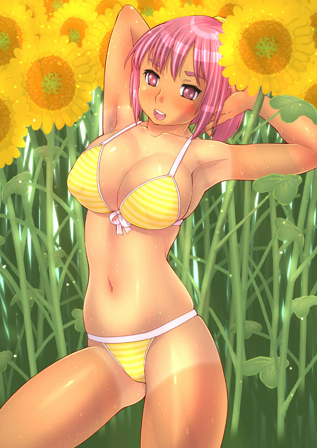 tsujizen, 1girl, armpits, arms up, bikini, blush, breasts, cleavage, covered erect nipples, cowboy shot, female focus, flower, large breasts, navel, open mouth, outdoors, pink eyes, pink hair, shiny skin, shirt tan, short hair, shorts tan, solo, striped bikini, striped clothes, sunflower, sweat, swimsuit, tan, tanline, wet, yellow bikini