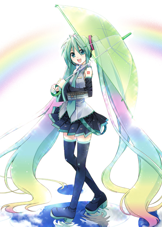 sato-pon, hatsune miku, melt (vocaloid), vocaloid, tagme, long hair, solo, thighhighs, twintails, umbrella, very long hair