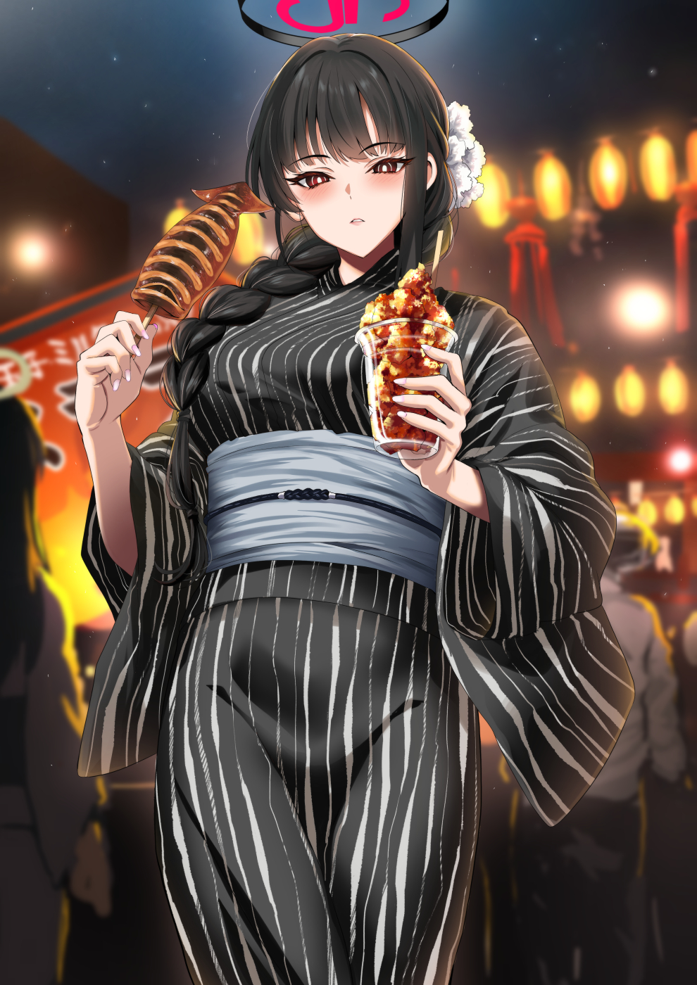 kyogoku shin, rio (blue archive), blue archive, highres, 1girl, alternate costume, black hair, blush, breasts, bright pupils, cup, festival, food, hair ornament, hairclip, halo, holding, holding cup, holding food, holding skewer, japanese clothes, kimono, large breasts, long hair, looking at viewer, millennium science school logo, night, obi, red eyes, sash, skewer, solo, squid, summer festival, very long hair, white pupils, yukata