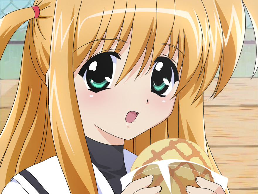 arisa bunnings, kugimiya rie, lyrical nanoha, mahou shoujo lyrical nanoha, 00s, blonde hair, bread, food, long hair, melon bread, solo, voice actor connection