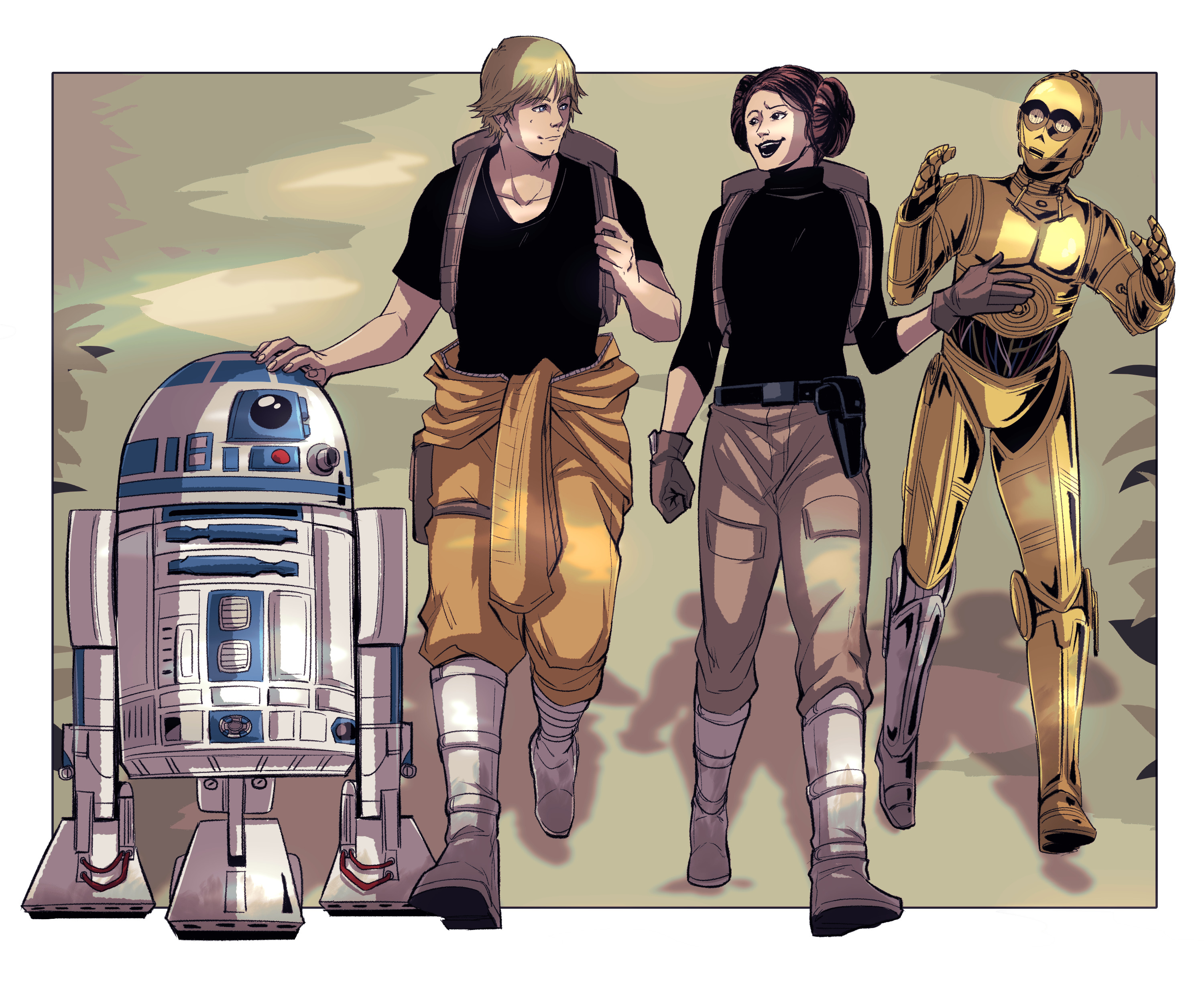 hiffuu, c-3po, luke skywalker, princess leia, r2-d2, star wars, absurdres, highres, black shirt, blonde hair, brown gloves, brown hair, gloves, jumpsuit, jumpsuit around waist, robot, shirt, short hair, t-shirt, walking