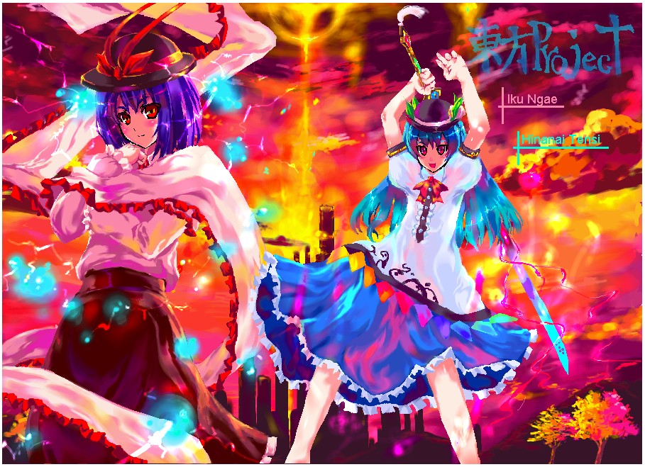 yoshimoto (dear life), hinanawi tenshi, nagae iku, touhou, 2girls, english text, engrish text, female focus, food, fruit, hat, leaf, multiple girls, peach, ranguage, shawl, sword, sword of hisou, weapon