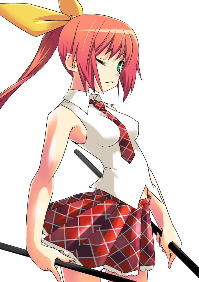 hana, hermmy, hana (pangya), pangya, plaid neckwear, 1girl, bow, breasts, cowboy shot, dual wielding, escrima stick, female focus, green eyes, hair bow, holding, long hair, necktie, one eye closed, pink hair, plaid clothes, plaid necktie, plaid skirt, pleated skirt, ponytail, red hair, red necktie, red skirt, ribbon, shirt, skirt, sleeveless, sleeveless shirt, solo, white background, white shirt, yellow bow