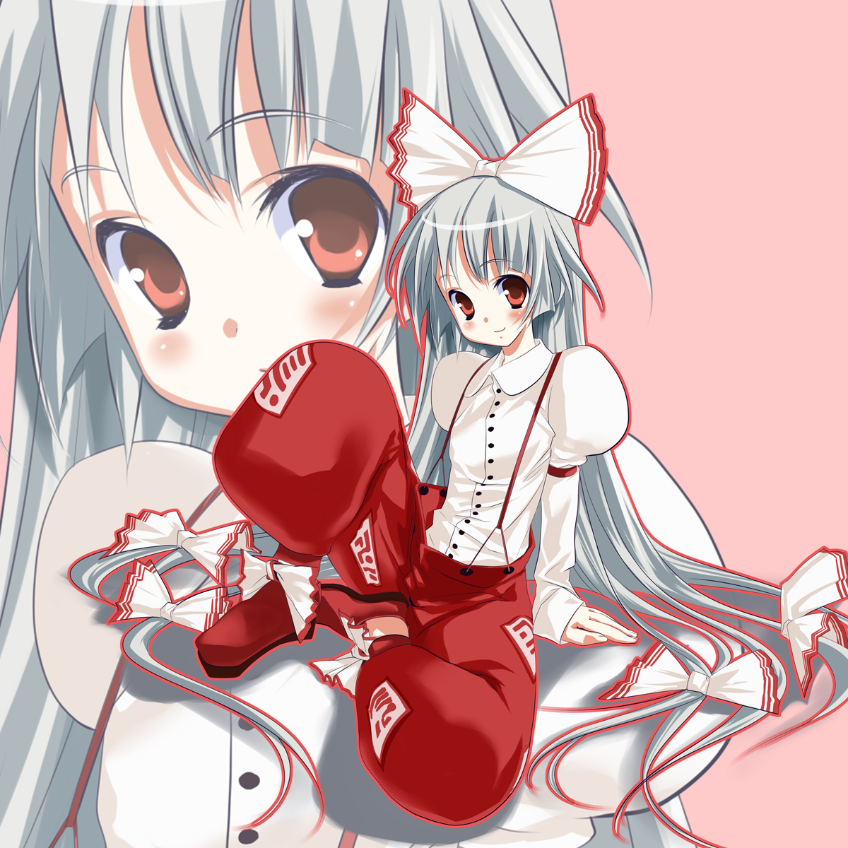 mahan (clock hearts), fujiwara no mokou, touhou, silver hair, highres, 1girl, collared shirt, female focus, knee up, long hair, long sleeves, looking at viewer, ofuda, pink background, red eyes, shirt, simple background, solo, suspenders, very long hair, white shirt, zoom layer