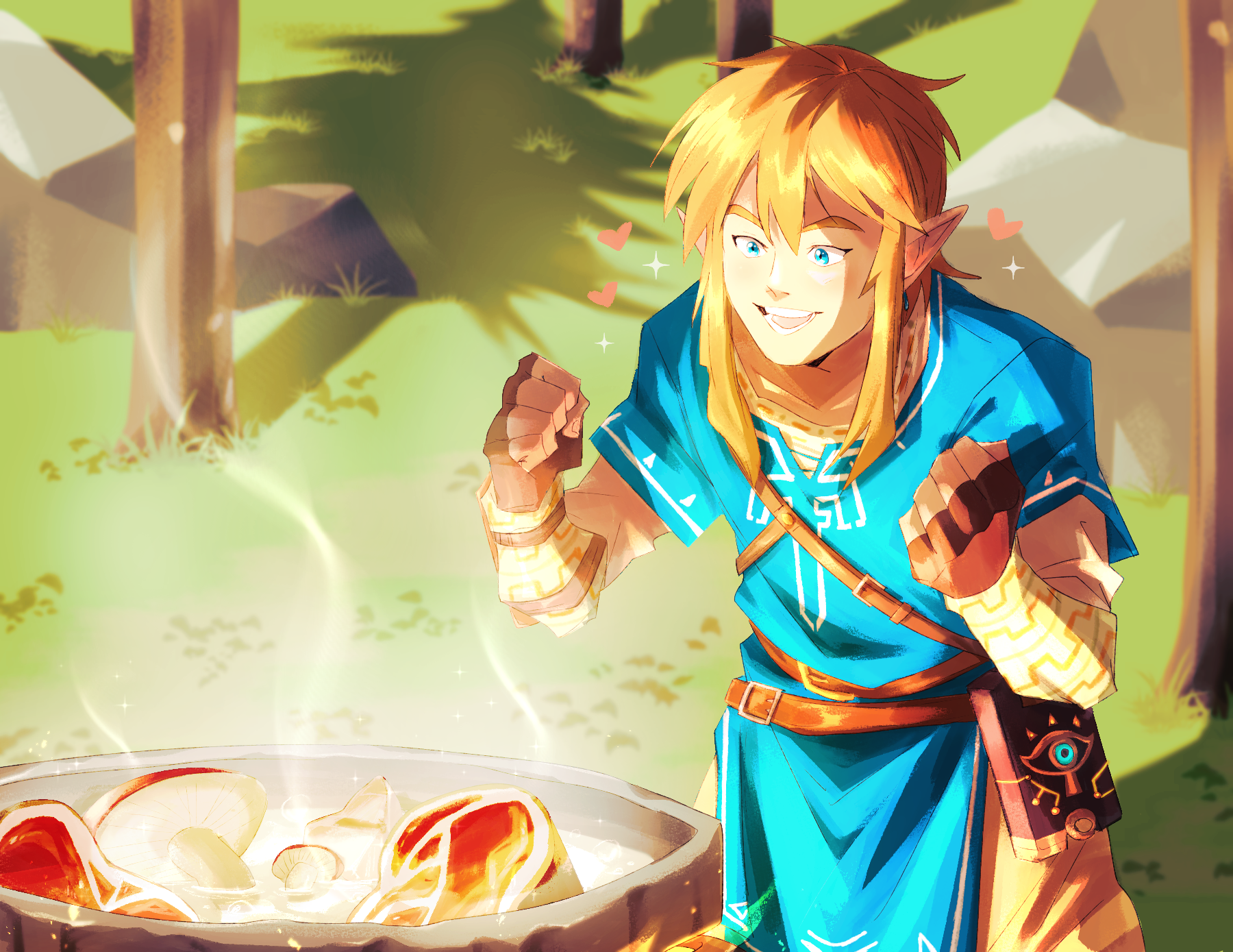 hiffuu, link, nintendo, the legend of zelda, the legend of zelda: breath of the wild, highres, blonde hair, blue eyes, blue tunic, cooking pot, cowboy shot, fingerless gloves, food, gloves, meat, medium hair, mushroom, open mouth, outdoors, pointy ears, rock, sidelocks, tree, tunic