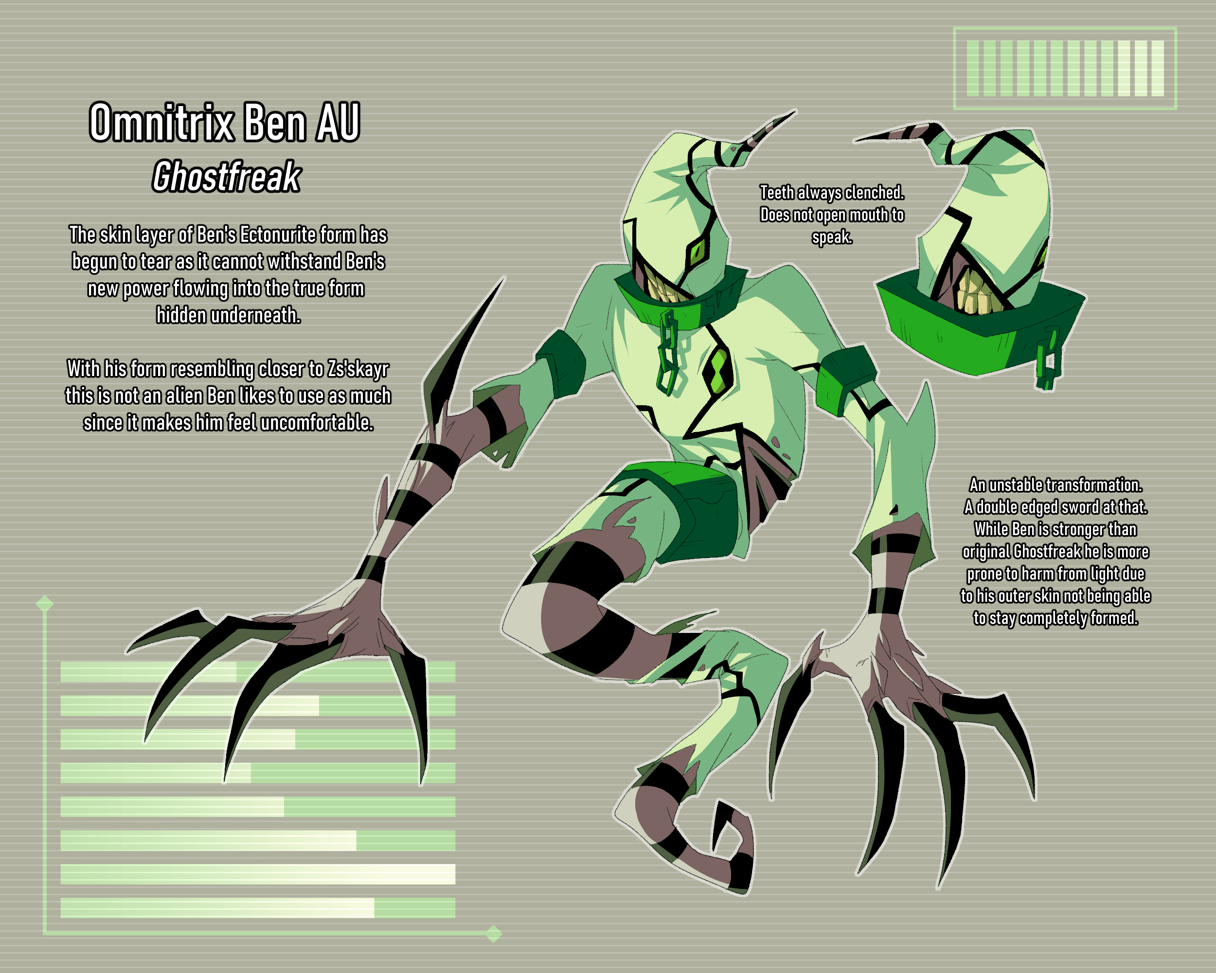 hiffuu, ghostfreak, ben 10, highres, alternate form, arm blade, claws, cuffs, cyclops, full body, ghost, ghost tail, omnitrix, one-eyed, redesign, scanlines, shackles, weapon