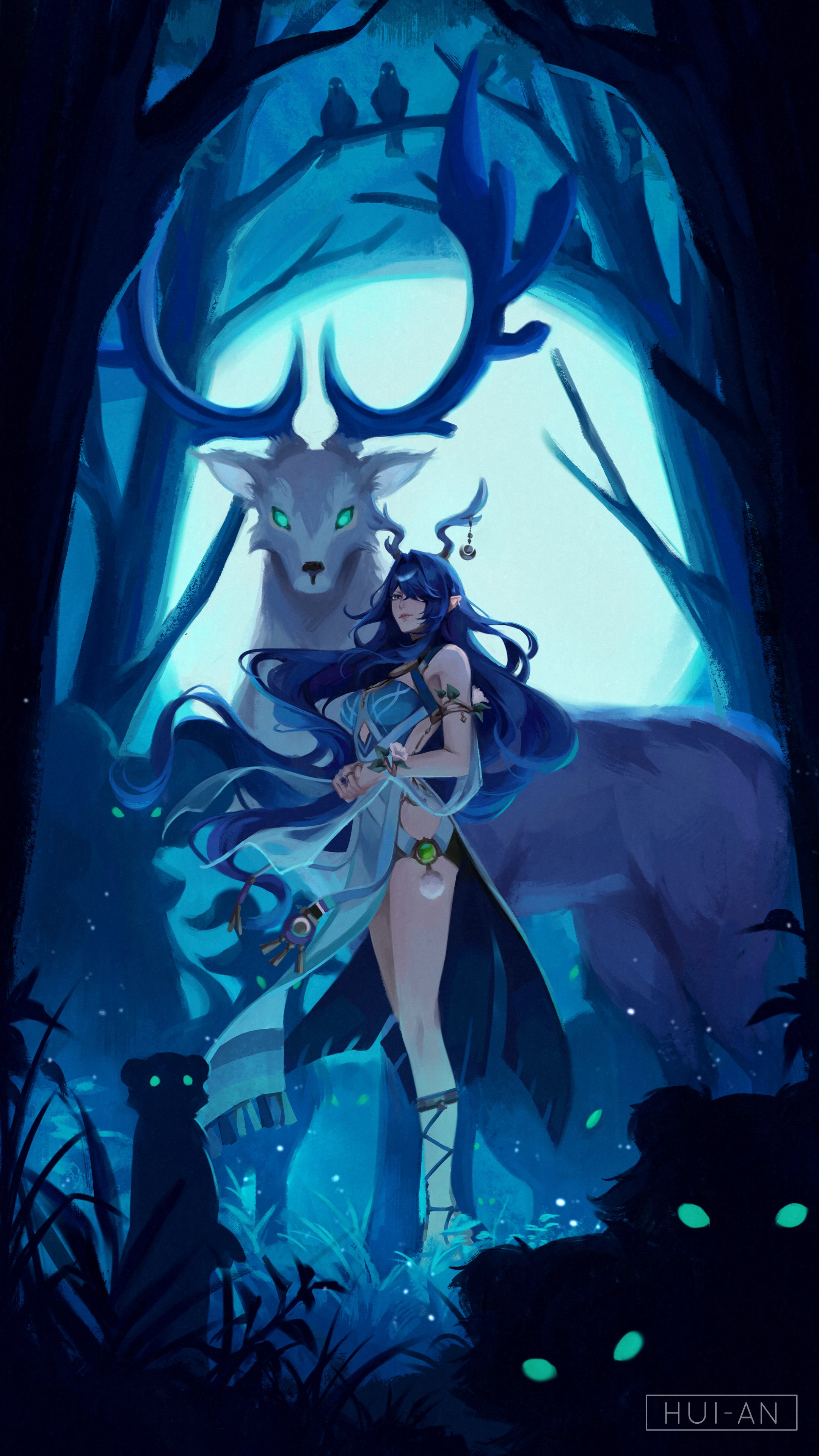 hui-an, lauma (genshin impact), genshin impact, absurdres, highres, 1girl, animal, antler ornament, antlers, armlet, artist name, bare shoulders, bird, blue dress, blue eyes, breasts, deer, dress, floating hair, full body, grass, green eyes, hair intakes, hair over one eye, horns, jewelry, long hair, looking at viewer, moon, night, own hands together, pointy ears, purple hair, silhouette, tree, vision (genshin impact)