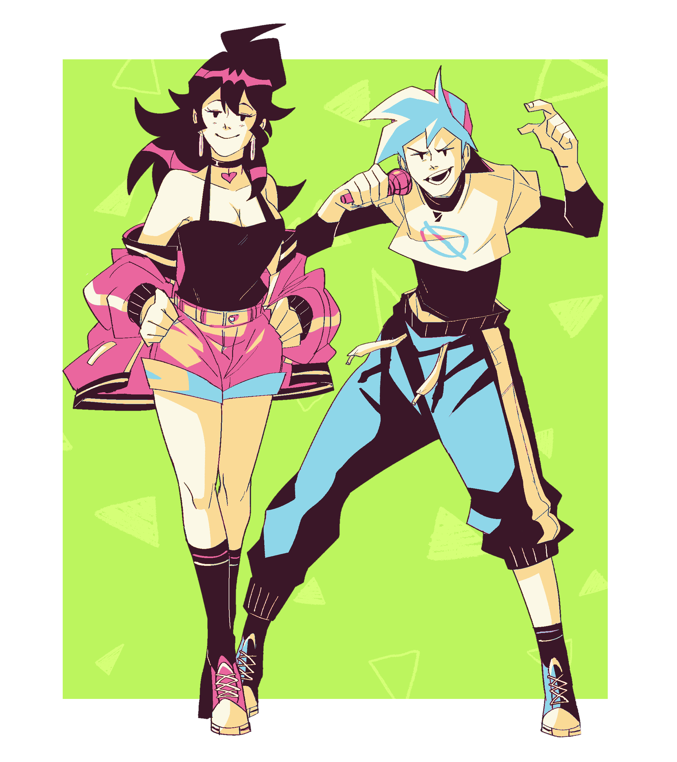 hiffuu, boyfriend (friday night funkin'), girlfriend (friday night funkin'), friday night funkin', absurdres, highres, alternate costume, backwards hat, blue hair, full body, hat, long hair, microphone, off shoulder, pants, rapping, shirt, short hair, short shorts, shorts, sweatpants, t-shirt