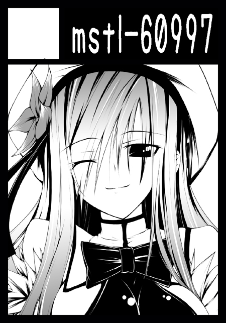 satofuji masato, original, 1girl, black border, border, circle cut, female focus, greyscale, long hair, monochrome, one eye closed, solo, wink