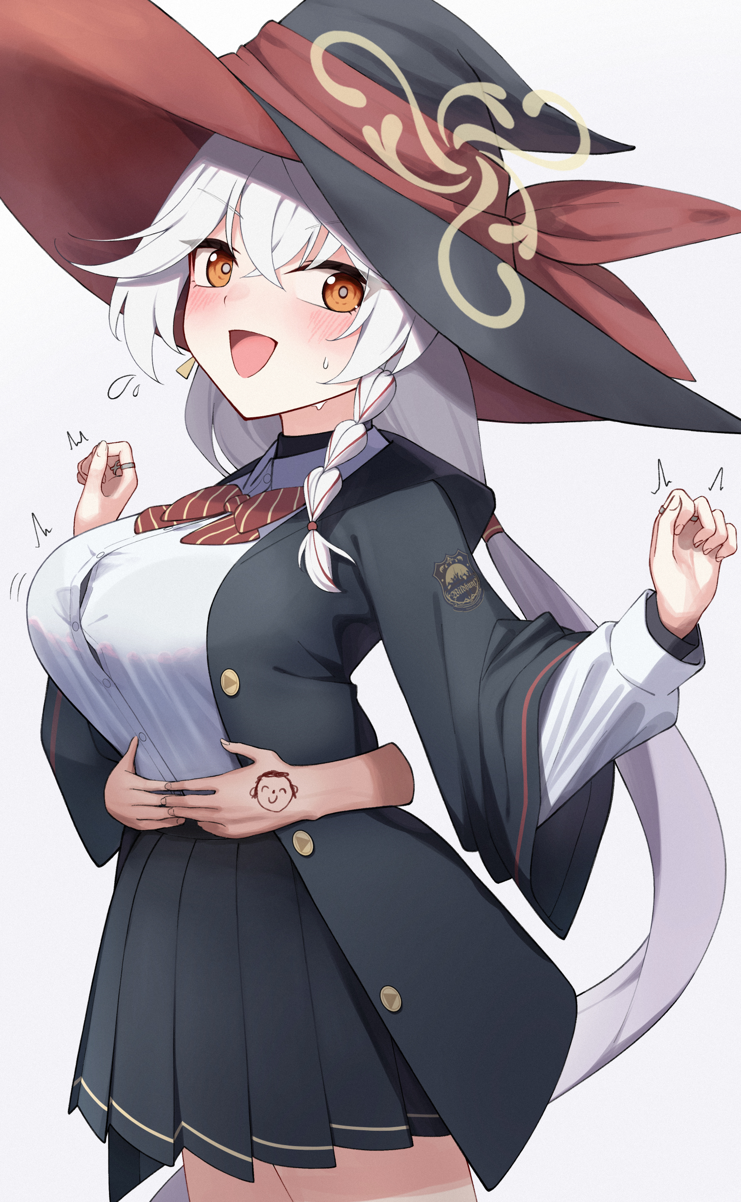 uine (bobhairshuki), doodle sensei (blue archive), eri (blue archive), sensei (blue archive), blue archive, commentary request, highres, 1boy, 1girl, :d, black hat, black robe, black skirt, blush, bow, bowtie, braid, breasts, bright pupils, button gap, buttons, collared shirt, cowboy shot, crossed bangs, diagonal-striped bow, diagonal-striped bowtie, diagonal-striped clothes, disembodied hand, dress shirt, earrings, eyes visible through hair, flying sweatdrops, hair between eyes, hands up, hat, hug, hug from behind, jewelry, large breasts, long hair, long sleeves, looking at viewer, low ponytail, miniskirt, motion lines, multiple rings, open clothes, open mouth, open robe, orange eyes, pleated skirt, ponytail, red bow, red bowtie, ring, robe, school uniform, shirt, simple background, single braid, skirt, smile, solo focus, striped bow, striped bowtie, striped clothes, sweatdrop, tsurime, v-shaped eyebrows, very long hair, white background, white pupils, white shirt, wide sleeves, witch hat