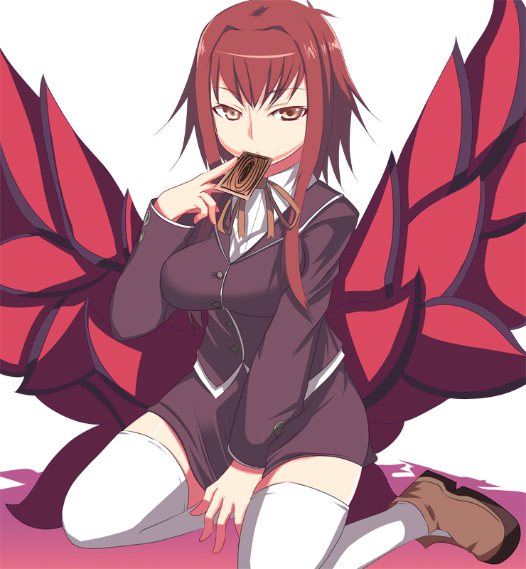 johnny funamushi, black rose dragon, izayoi aki, yu-gi-oh!, yu-gi-oh! 5d's, 00s, 1girl, blazer, breasts, brown eyes, card, card in mouth, dragon girl, dragon wings, female focus, holding, holding card, jacket, kneeling, large breasts, long hair, monster girl, mouth hold, pencil skirt, red hair, ribbon, shoes, sitting, skirt, solo, thighhighs, white thighhighs, wings, yu-gi-oh (card), zettai ryouiki