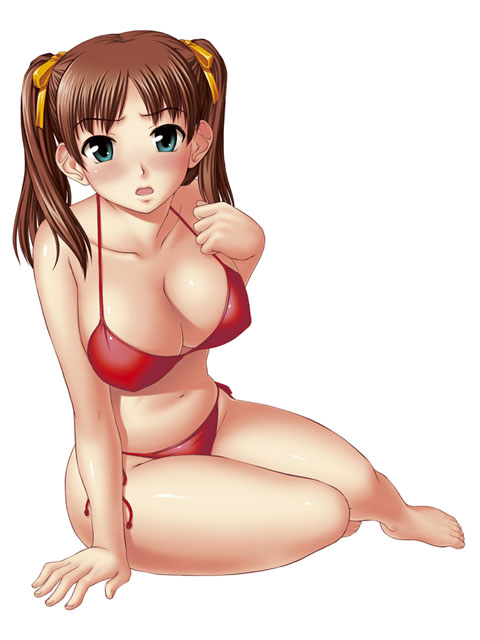 shinogi a-suke, original, 1girl, barefoot, bikini, blue eyes, blush, breasts, brown hair, cleavage, covered erect nipples, feet, female focus, hair ribbon, large breasts, long hair, navel, open mouth, red bikini, ribbon, side-tie bikini bottom, simple background, sitting, solo, swimsuit, toes, twintails, white background, yokozuwari