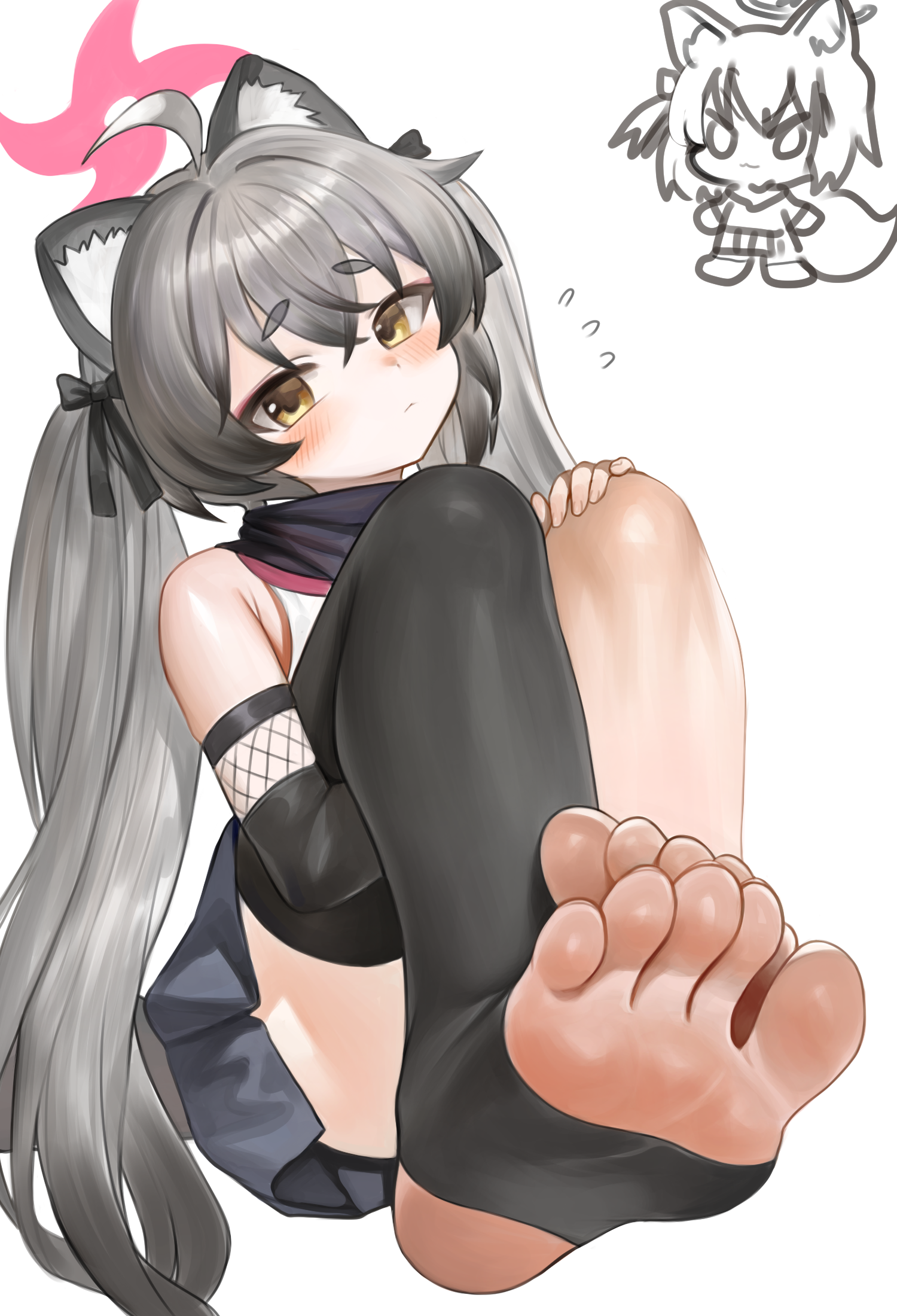 dokomon, izuna (blue archive), michiru (blue archive), blue archive, commentary, highres, korean commentary, 2girls, ahoge, animal ears, black scarf, black skirt, blush, chibi, chibi inset, feet, fingernails, foot focus, grey hair, halo, hand on own knee, hugging own legs, knees up, long hair, looking at viewer, multiple girls, raccoon ears, raccoon girl, scarf, simple background, single thighhigh, skirt, soles, stirrup legwear, thighhighs, toeless legwear, toes, twintails, very long hair, white background, yellow eyes