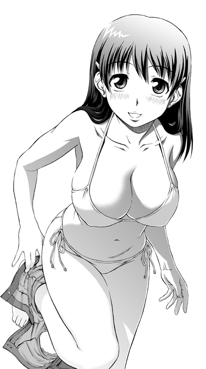 shinogi a-suke, original, 1girl, bikini, blush, breasts, cleavage, female focus, greyscale, large breasts, leaning forward, long hair, monochrome, navel, side-tie bikini bottom, smile, solo, swimsuit, undressing