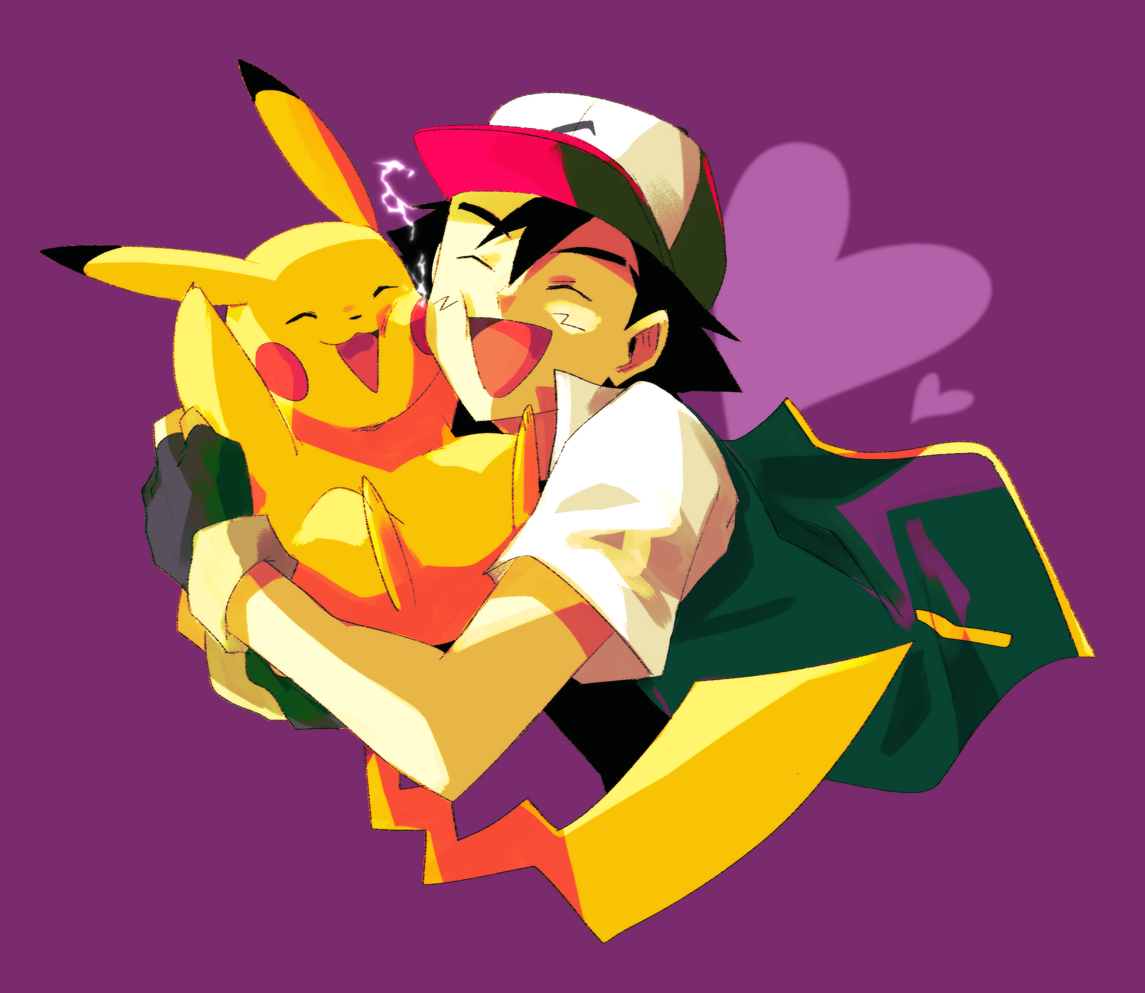 hiffuu, ash ketchum, pikachu, nintendo, pokemon, pokemon (anime), highres, 1boy, animal, animal hug, baseball cap, black hair, closed eyes, gen 1 pokemon, hat, heart, male focus, pokemon (creature), purple background, short hair, short sleeves