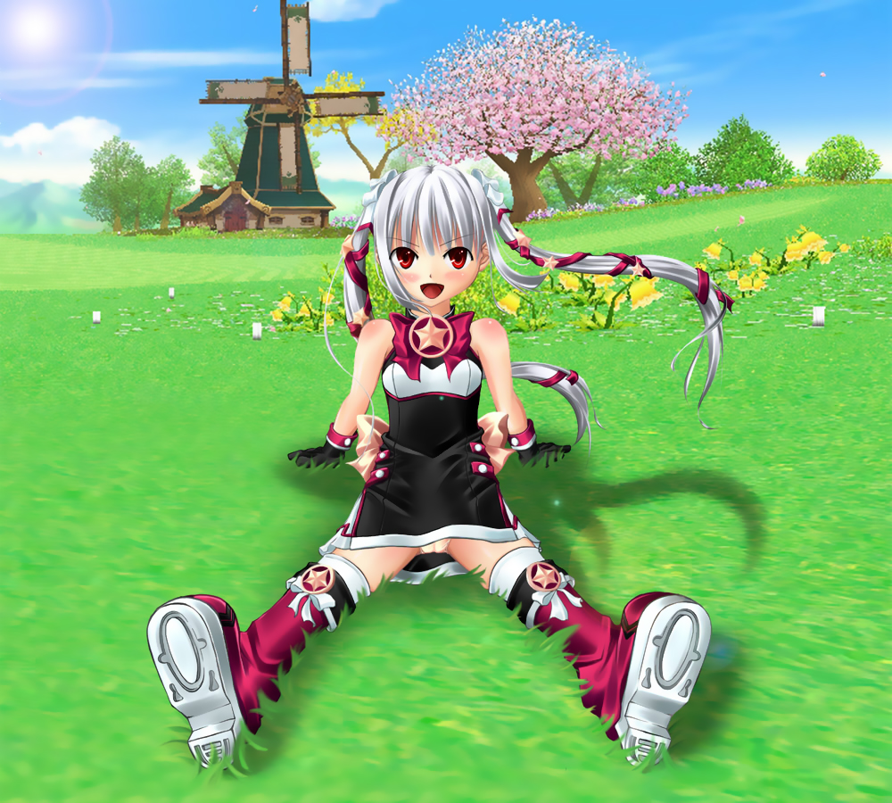 chibimame, kooh (pangya), pangya, md5 mismatch, resolution mismatch, source smaller, 1girl, black hair, blush, boots, female focus, long hair, magic, red eyes, ribbon, solo, star (symbol), twintails