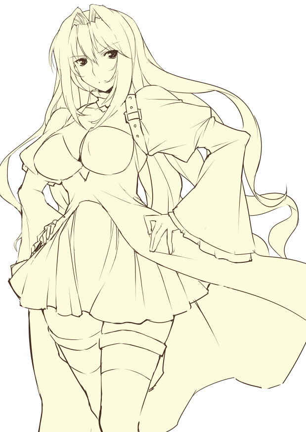 ryuuta, ryuuta (msxtr), tsukiumi, sekirei, 00s, 1girl, female focus, frills, long hair, monochrome, skirt, solo, thigh strap, thighhighs, yellow theme