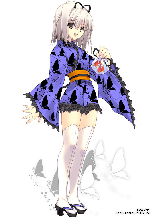 kobayashi chisato, bug, butterfly, fish, goldfish, high heels, insect, japanese clothes, kimono, shoes, short kimono, solo, thighhighs