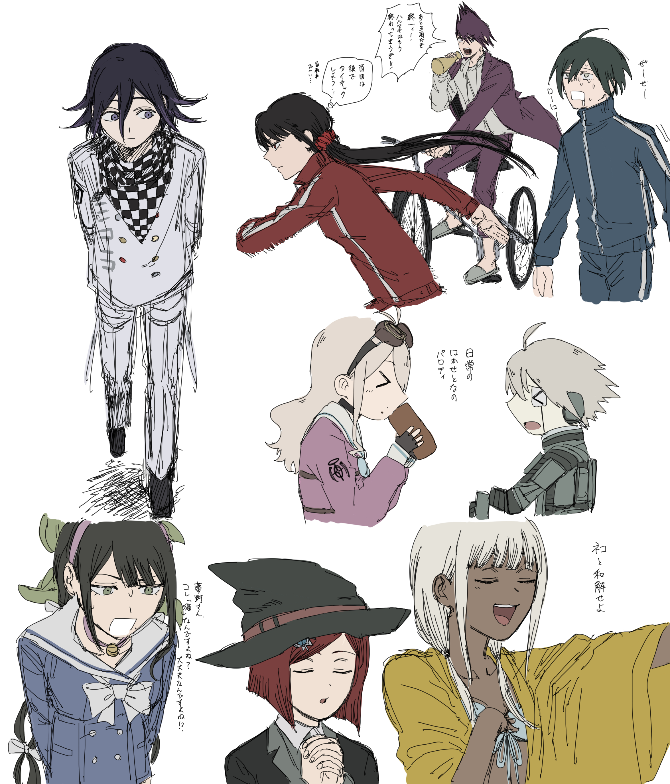 krmtknkoo1582, chabashira tenko, harukawa maki, iruma miu, k1-b0, momota kaito, oma kokichi, saihara shuichi, yonaga angie, yumeno himiko, danganronpa (series), danganronpa v3: killing harmony, absurdres, commentary request, highres, translation request, 4boys, 5girls, ahoge, alternate costume, android, annoyed, aqua hair, arm belt, arms behind back, bell, belt, belt buckle, bicycle, bikini, black gloves, black hat, black jacket, black scarf, black shoes, blazer, blue bikini, blue jacket, blue pants, blue shirt, blunt bangs, blunt ends, bob cut, bottle, bow, bowtie, brown-framed eyewear, brown hair, buckle, buttons, checkered clothes, checkered scarf, choker, closed mouth, coat, coat partially removed, collarbone, collared jacket, crest, dark-skinned female, dark skin, double-breasted, dress shoes, drinking, drooling, exhausted, expressionless, eyelashes, face-to-face, facial hair, fingerless gloves, fingernails, floating clothes, floating hair, from side, gloves, goatee, goggles, goggles on head, green bow, green eyes, grey shirt, grey slippers, grey vest, hair between eyes, hair bow, hair ornament, hair scrunchie, hand on own chest, hat, hat belt, holding, holding bottle, holding megaphone, interlocked fingers, jacket, lapels, long hair, long sleeves, looking at another, looking to the side, low twintails, megaphone, mole, mole under eye, multi-tied hair, multicolored buttons, multiple belts, multiple boys, multiple girls, multiple hair bows, neck bell, nervous sweating, notched lapels, open belt, open clothes, open jacket, open mouth, outstretched arm, own hands clasped, own hands together, pants, pink choker, pink shirt, praying, purple coat, purple eyes, purple hair, purple pants, raincoat, red belt, red eyes, red hair, red jacket, red scrunchie, riding, riding bicycle, round eyewear, running, sailor collar, scarf, school uniform, scrunchie, serafuku, shadow, shirt, shoes, short hair, shouting, sidelocks, simple background, sketch, slippers, speech bubble, spiked hair, sportswear, sweat, sweatpants, swimsuit, teeth, thigh belt, thigh strap, track jacket, turtleneck, turtleneck jacket, twintails, two-tone scarf, upper teeth only, v-shaped eyebrows, very long hair, vest, walking, white background, white belt, white bow, white bowtie, white hair, white jacket, white pants, white sailor collar, white scarf, white shirt, wide sleeves, witch hat, yellow raincoat, zipper