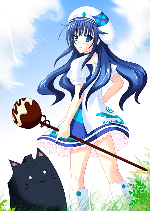 mizukoshi mayu, arin (pangya), pangya, 1girl, blue eyes, blue hair, boots, chocolate, dress, female focus, golf club, hat, long hair, matching hair/eyes, smile, solo